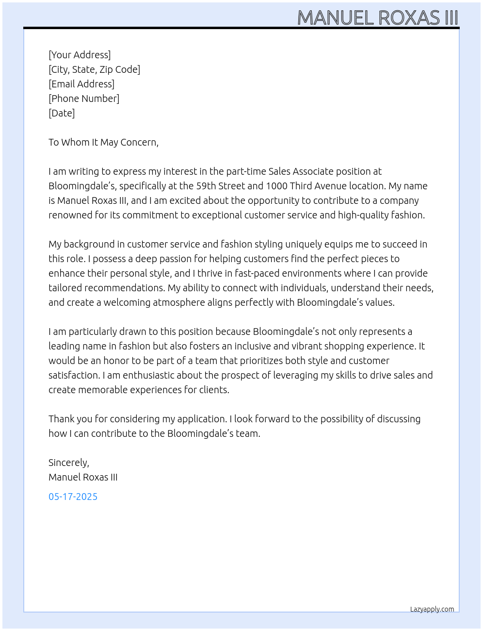 Sales Associate At Bloomingdale’s Cover Letter