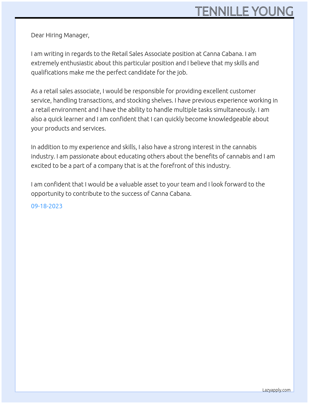 Retail Sales Associate At Canna Cabana Cover Letter
