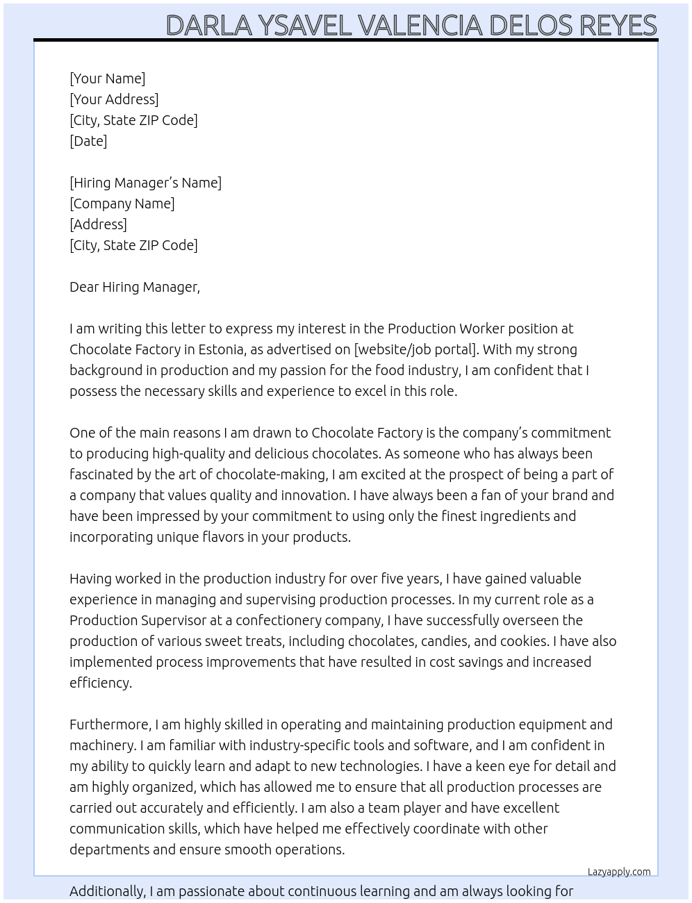 Production worker At Chocolate Factory Cover Letter