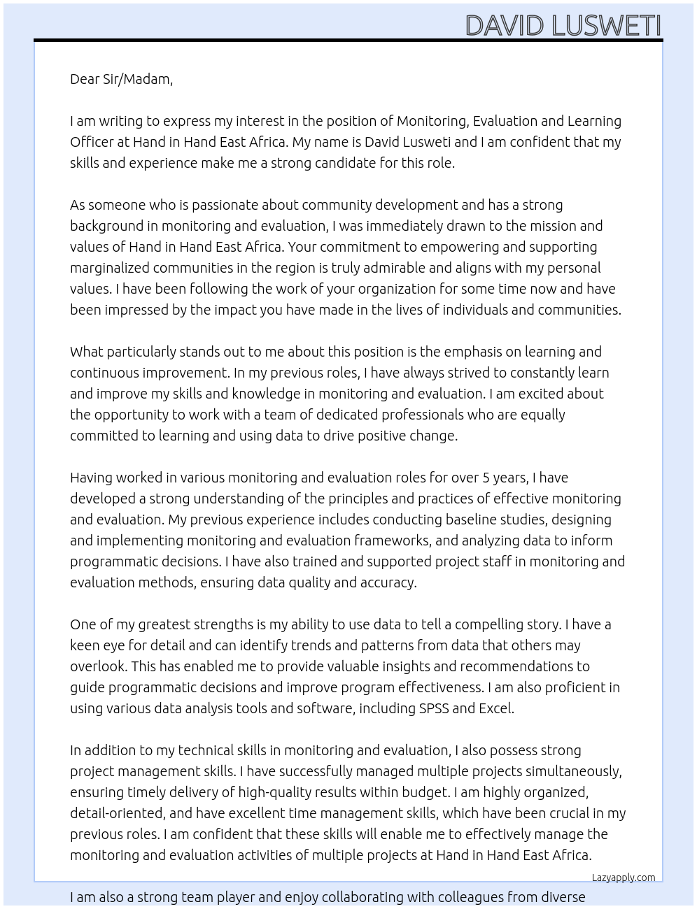 Monitoring, Evaluation and Learning Officer  At Hand in Hand East Africa  Cover Letter