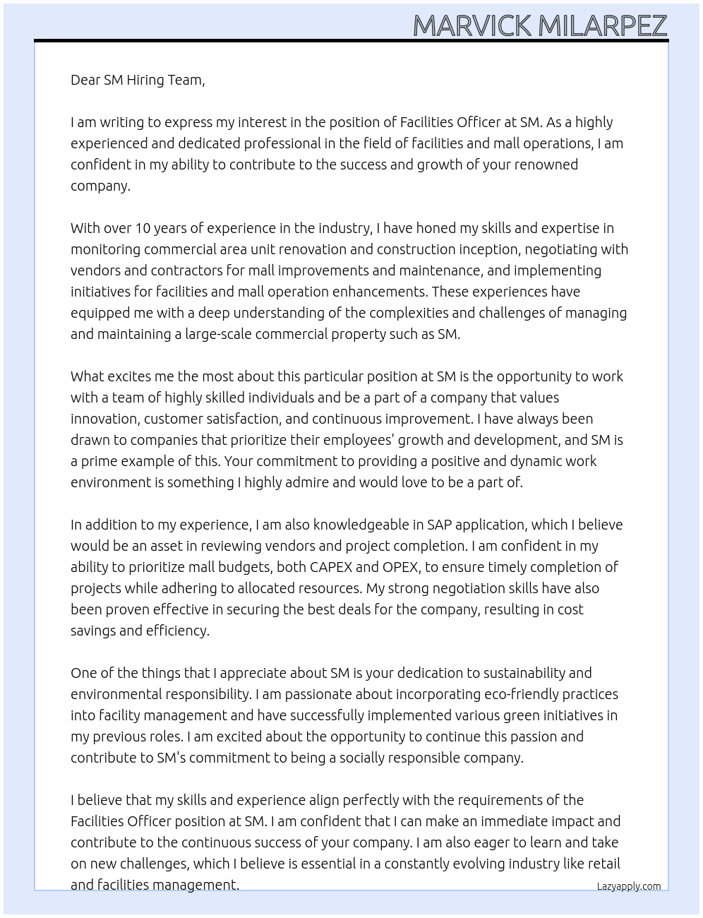 Facilities Officer At SM Cover Letter