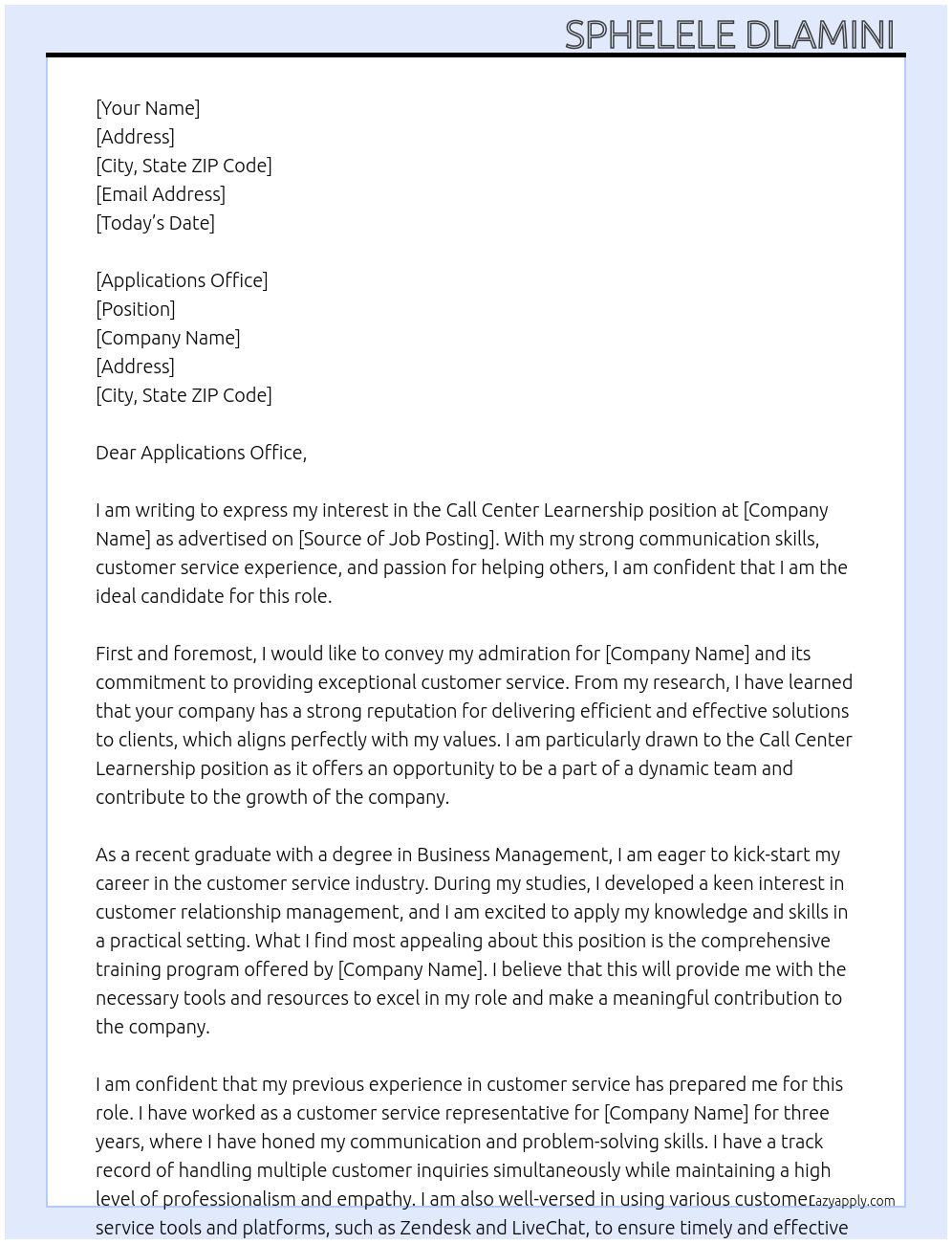 Call center leanership At Call center Cover Letter