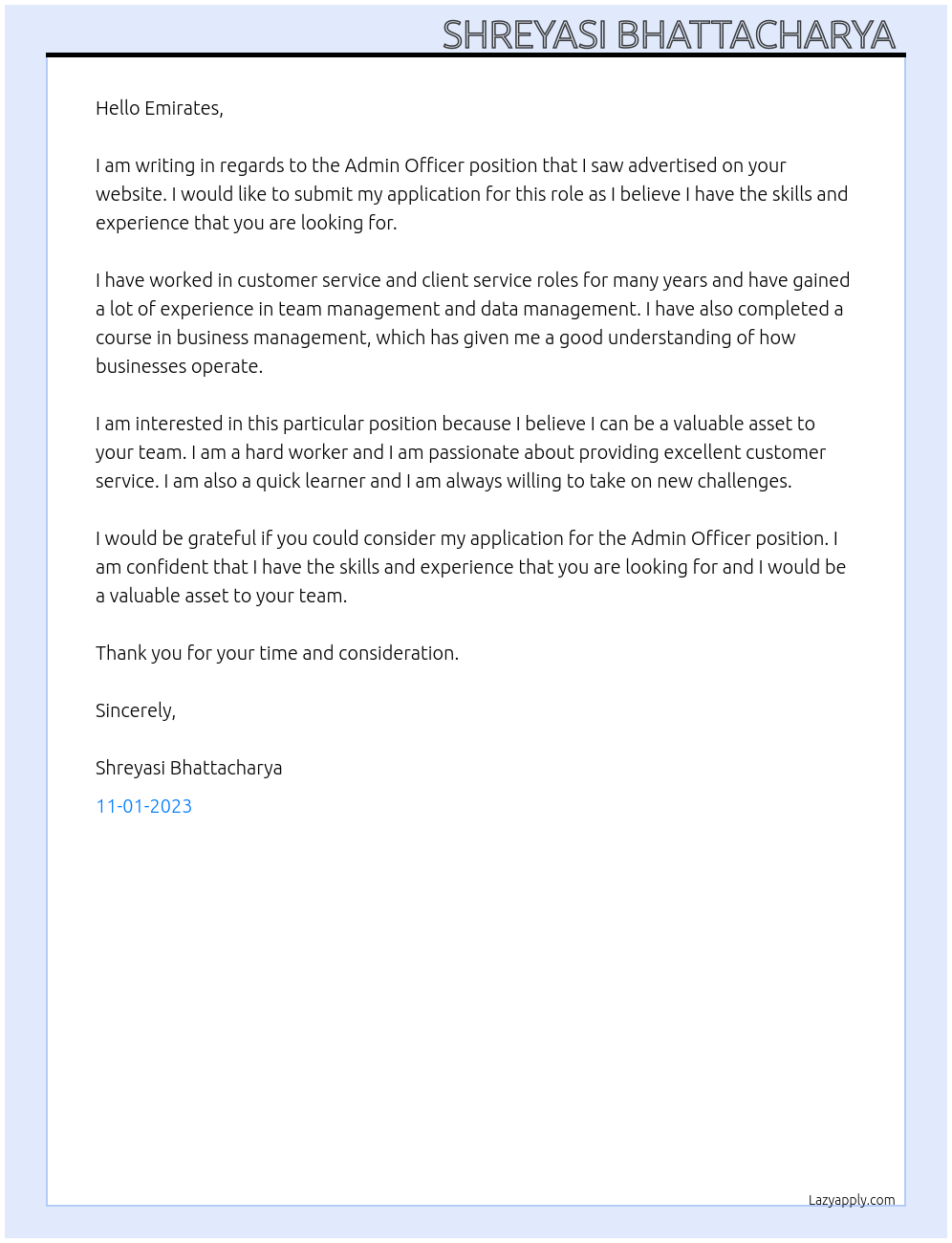 Admin Officer At Emirates Cover Letter