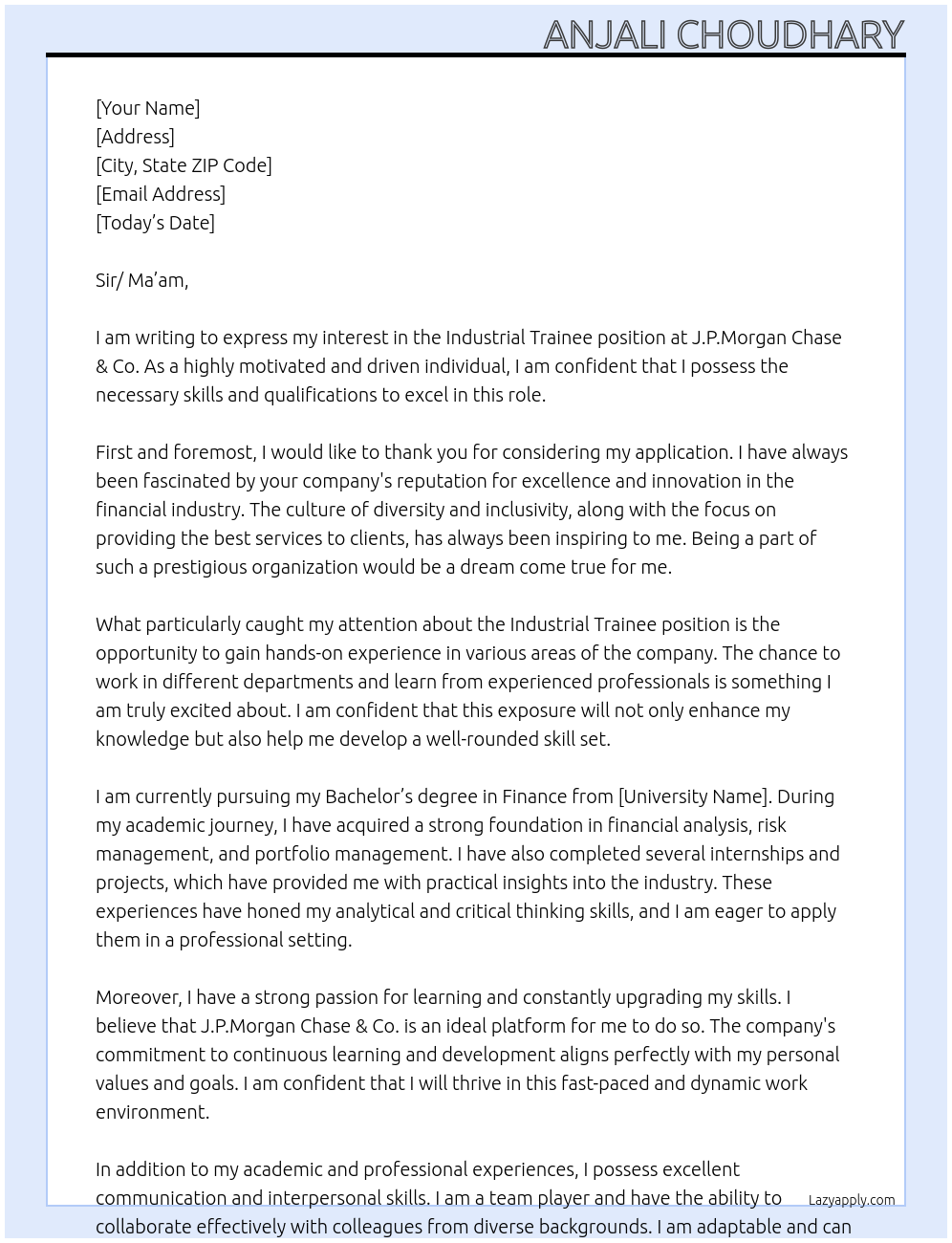 Industrial Trainee At J.P.Morgan Chase & Co. Cover Letter