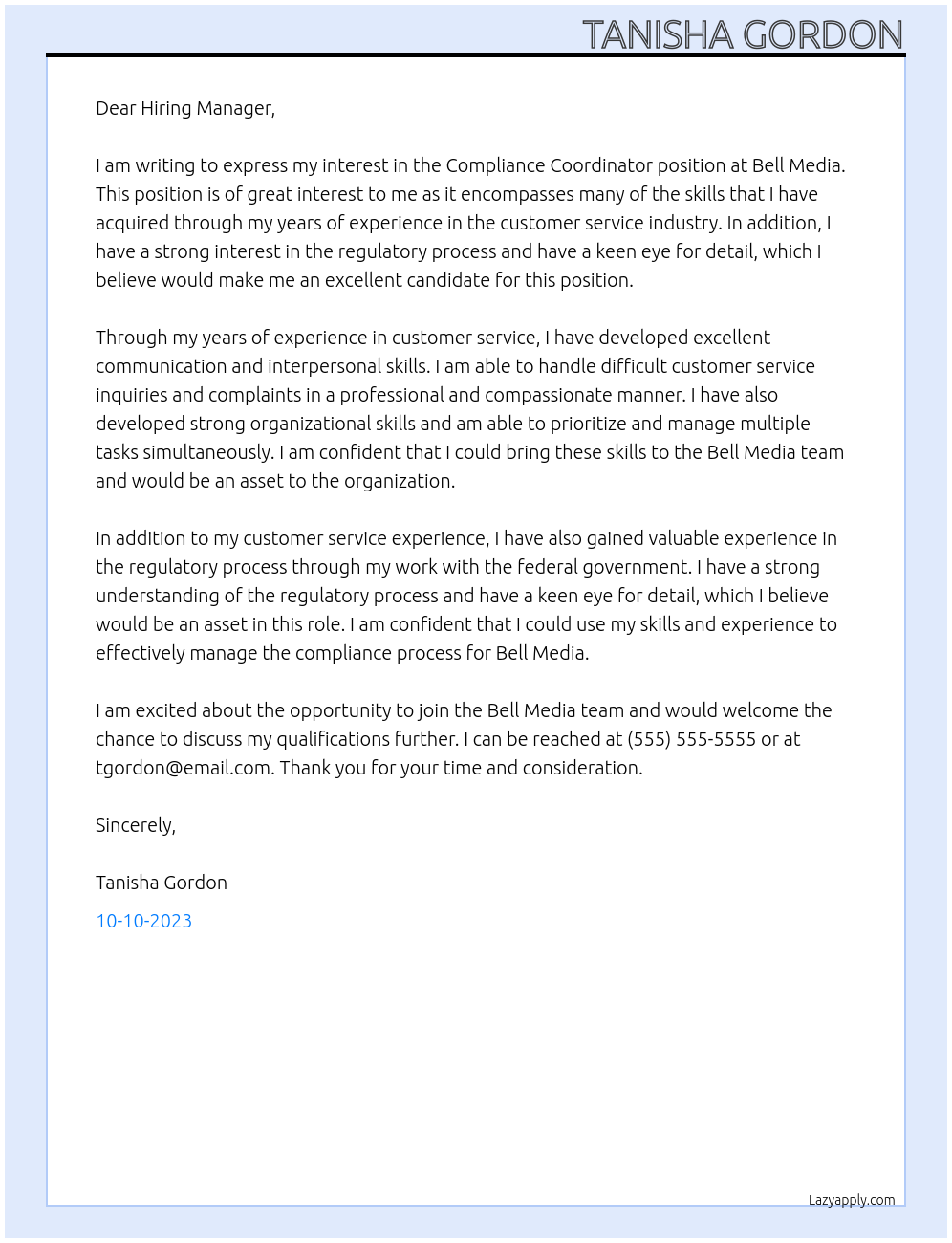 Compliance Coordinator At Bell Media Cover Letter