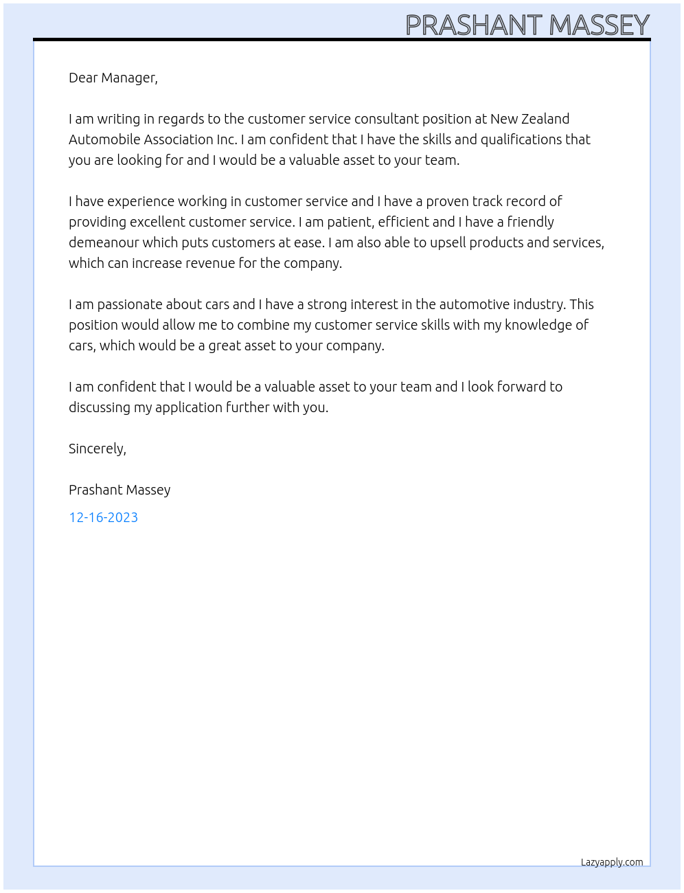 Customer service consultant At New Zealand Automobile Association Inc Cover Letter