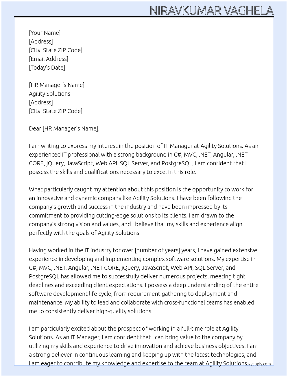 IT Manager At Agility Solutions Cover Letter