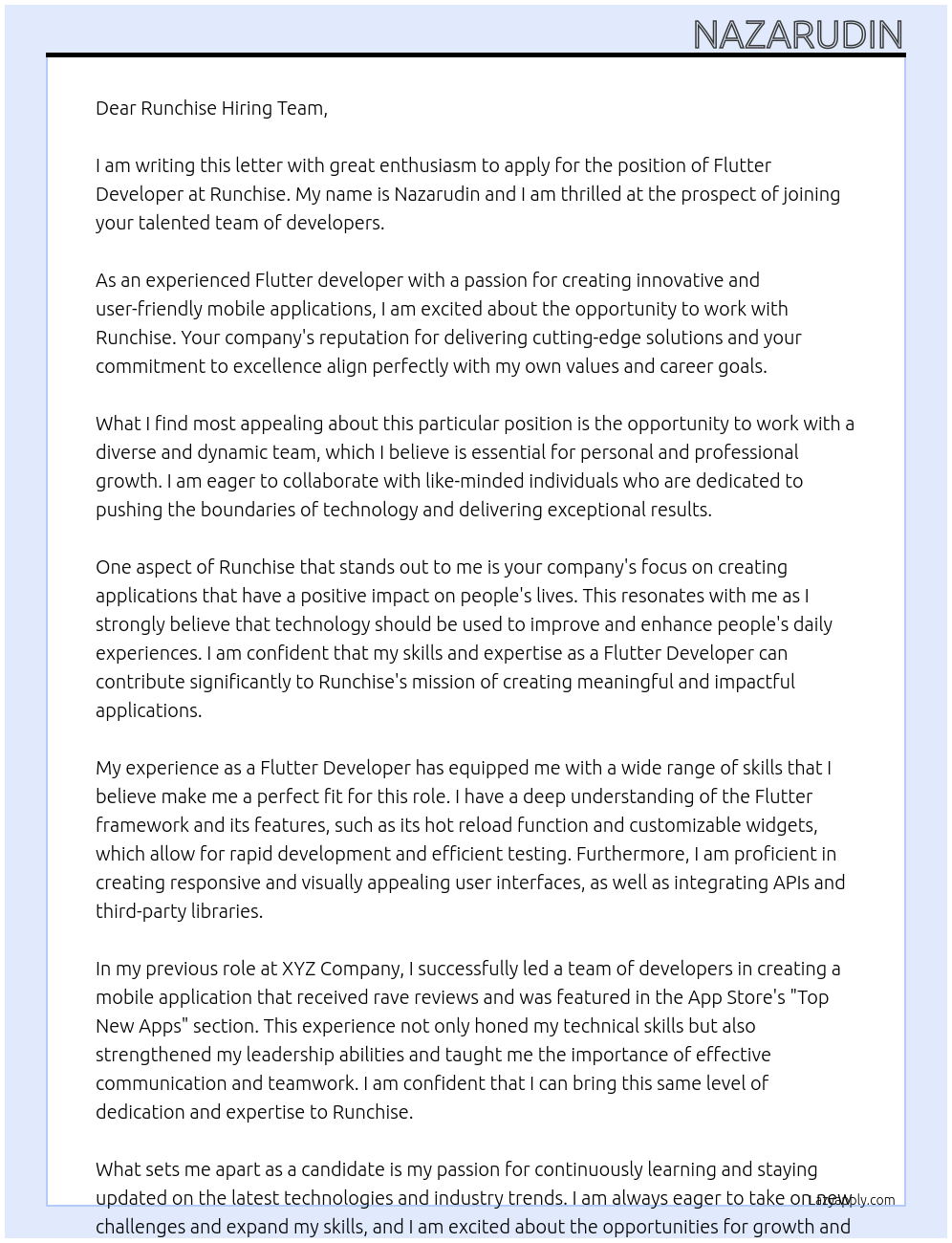 Flutter Developer At Runchise Cover Letter