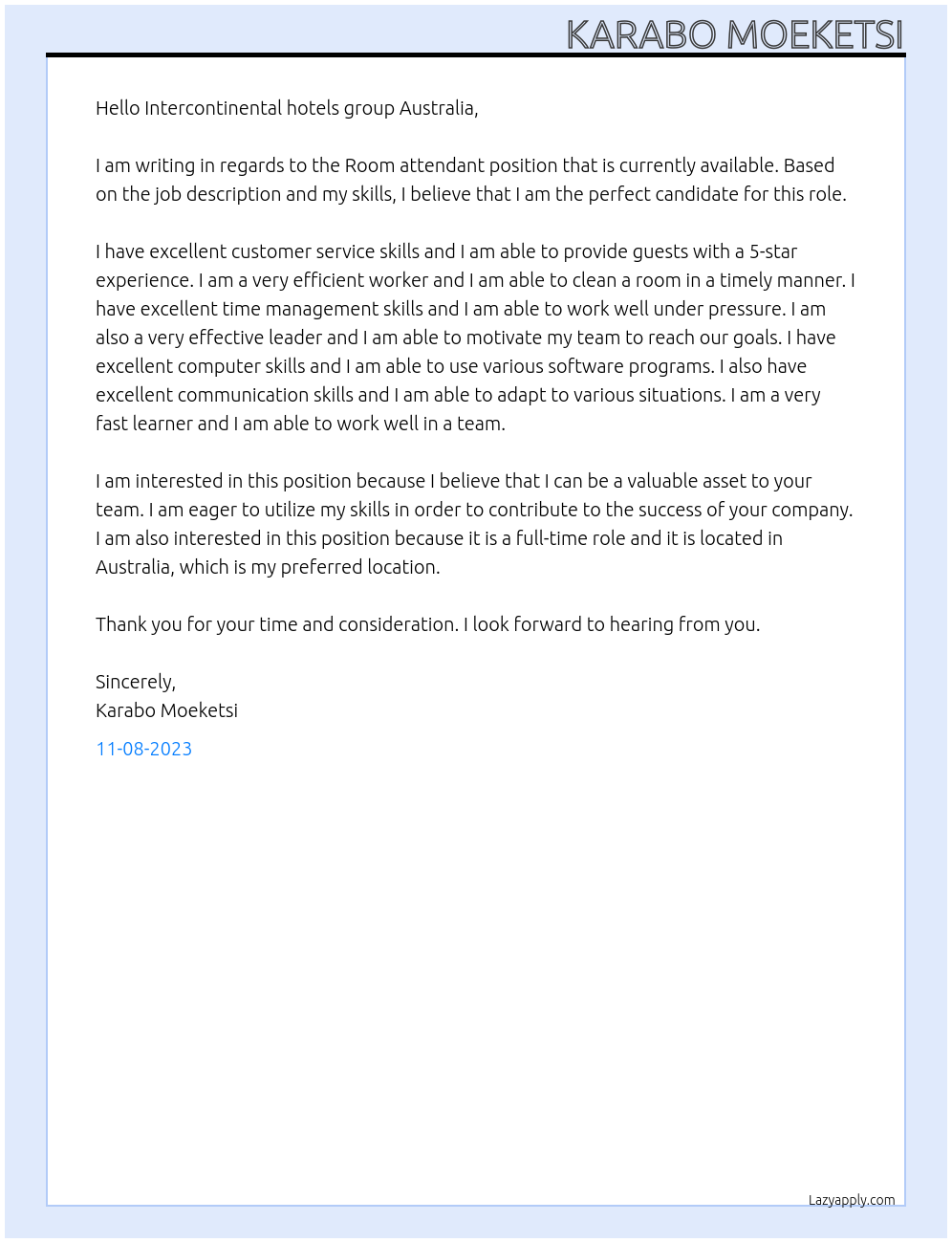Room attendant  At Intercontinental hotels group Australia  Cover Letter