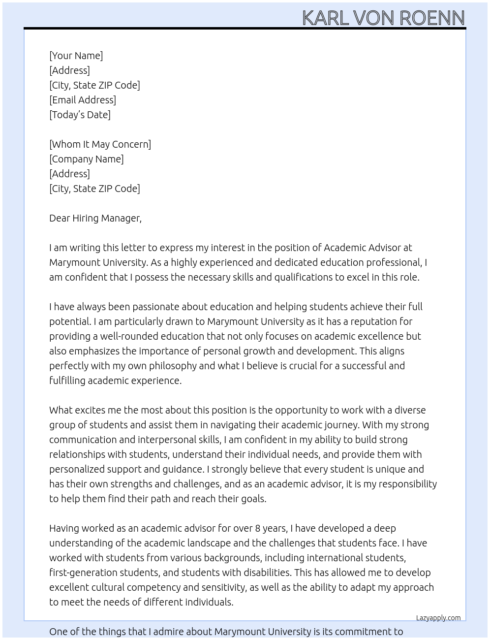 Academic Advisor At Marymount University Cover Letter