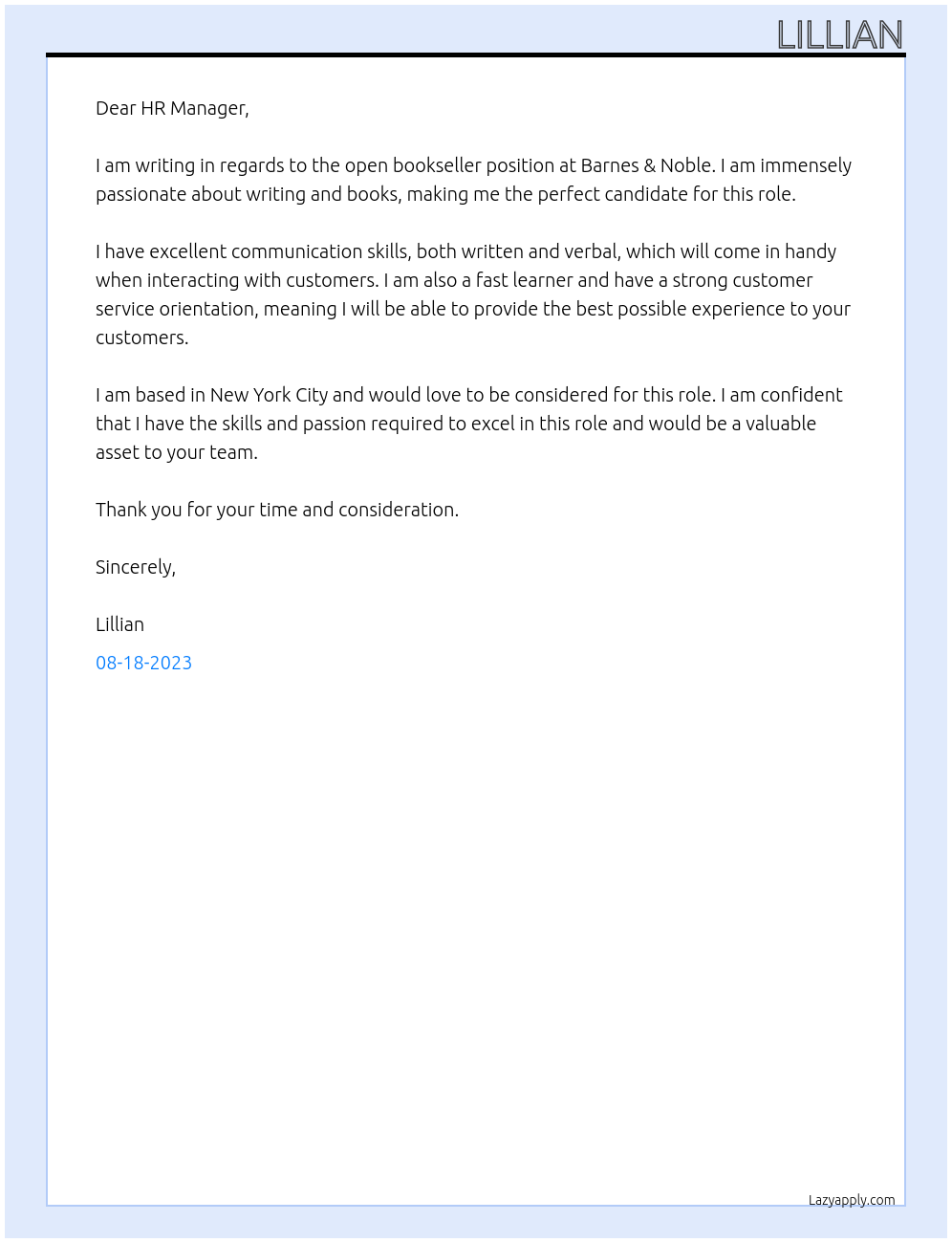 Bookseller At Barnes & Noble Cover Letter