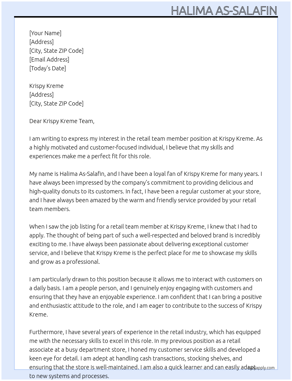 retail team member At Krispy Kreme Cover Letter