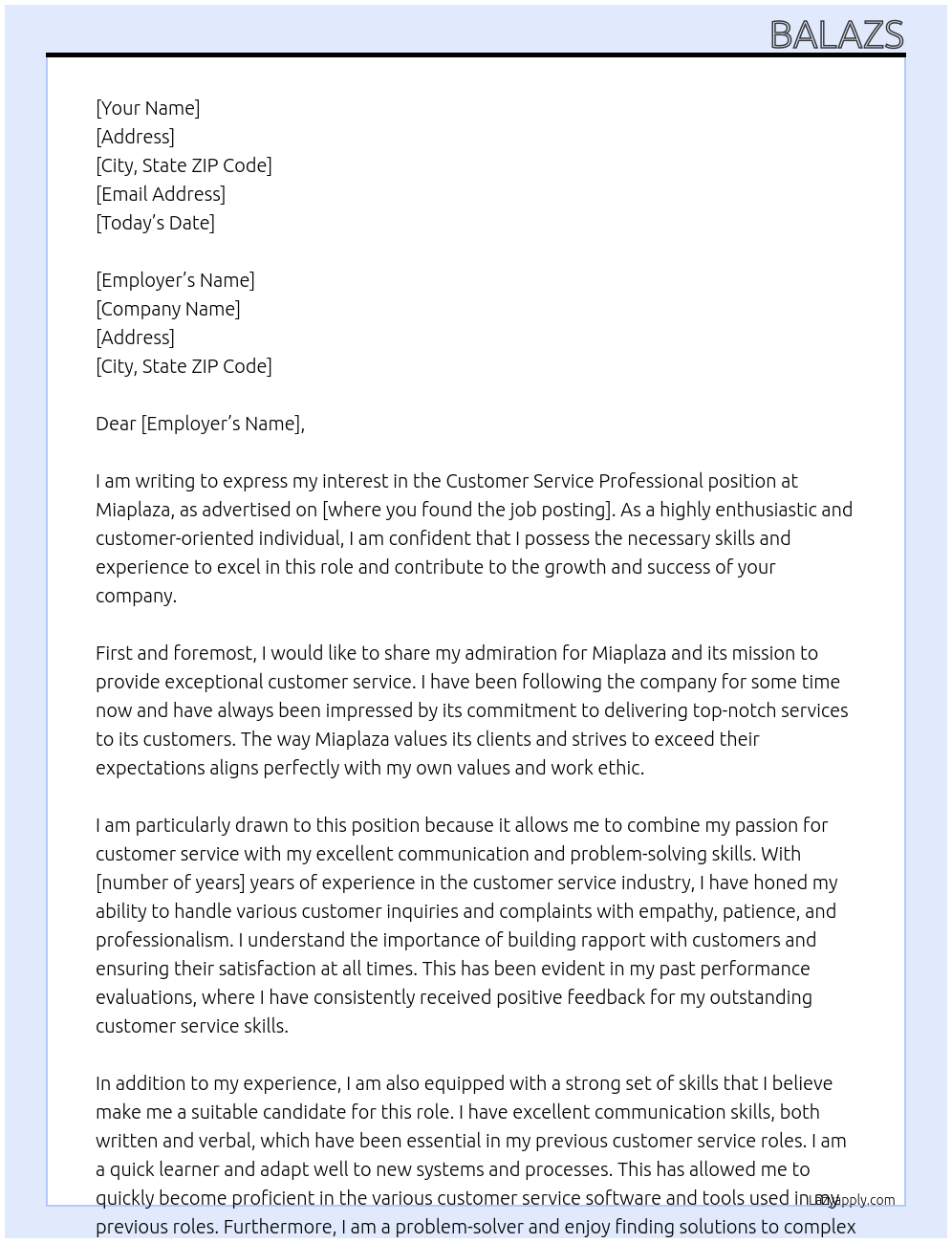 Customer Service Professional At Miaplaza Cover Letter
