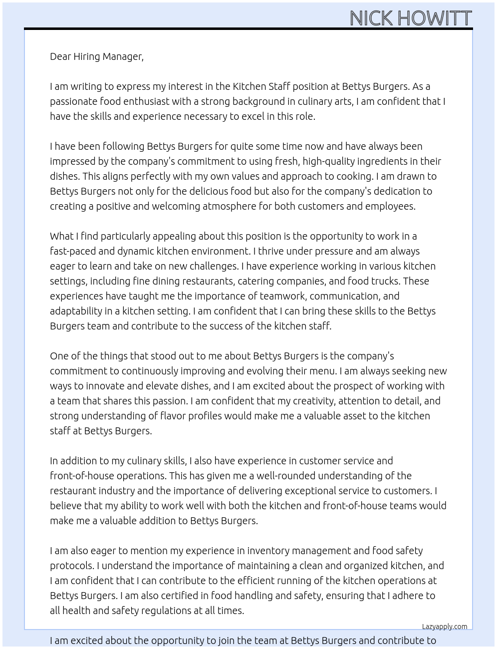 Kitchen Staff At Bettys Burgers Cover Letter