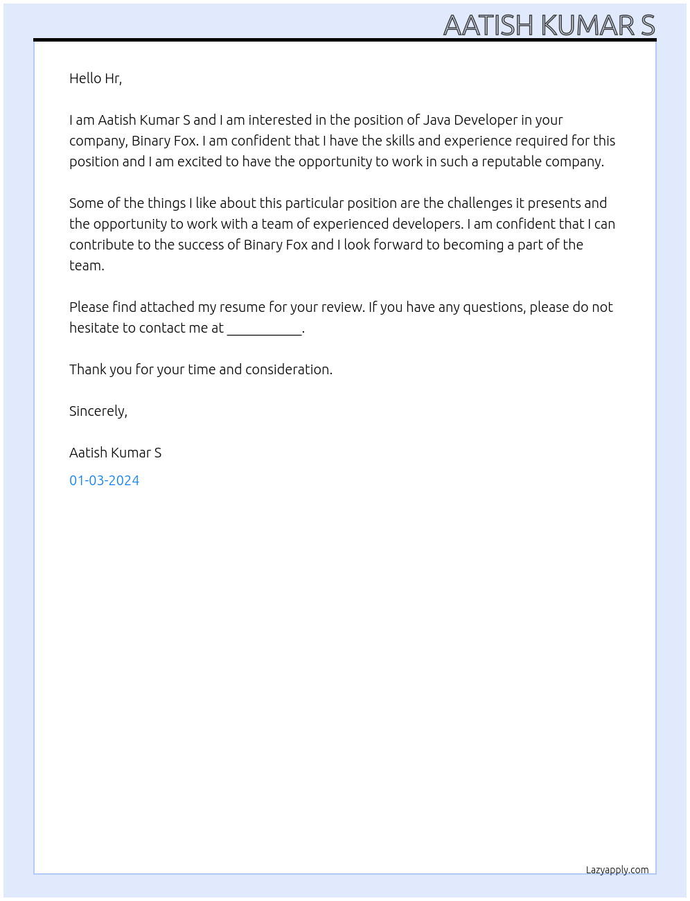 Java Developer At Binary Fox Cover Letter