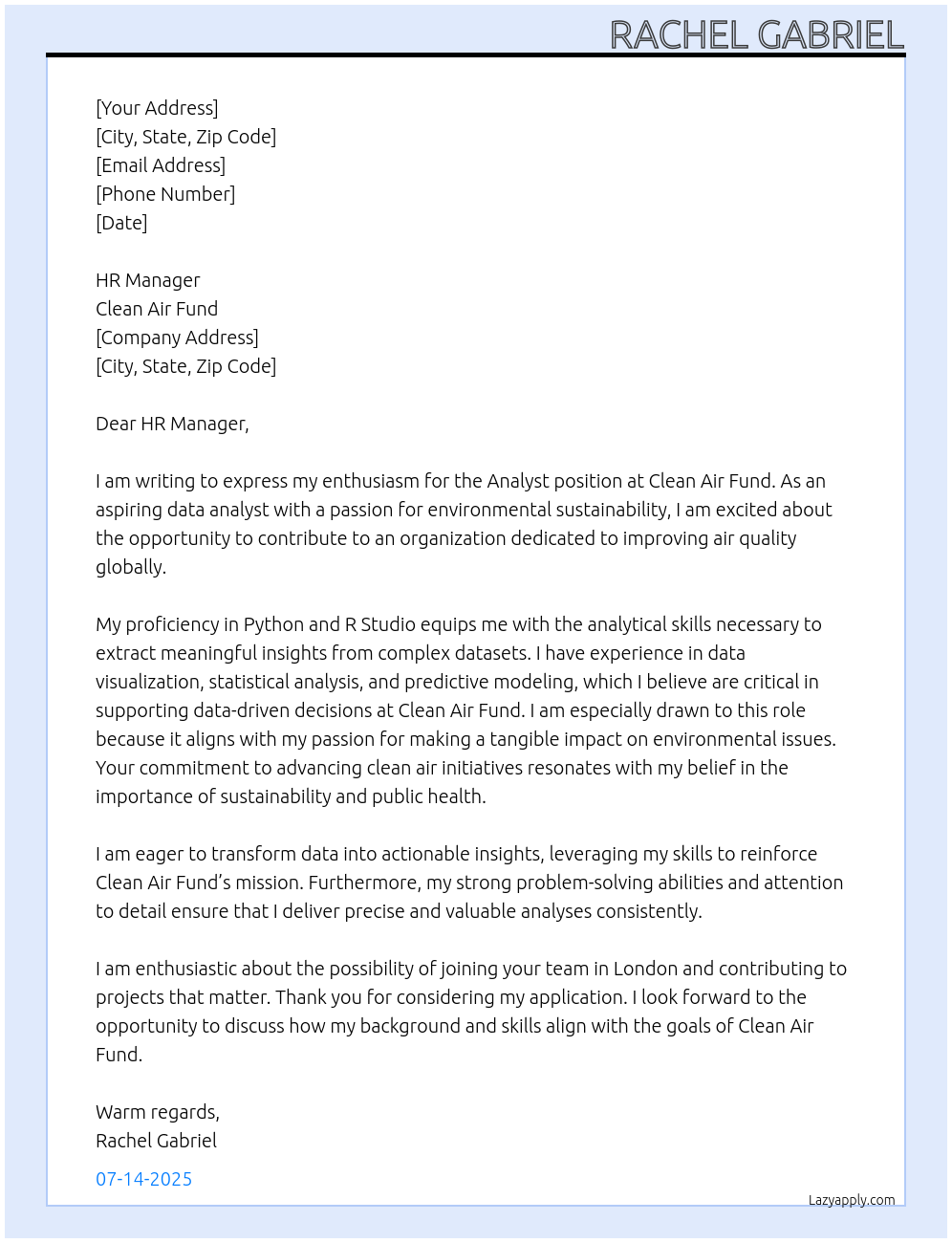 Analyst At Clean Air fund Cover Letter