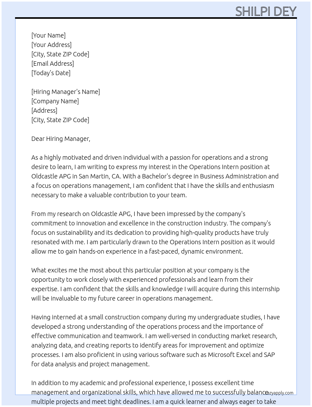 Operations Intern At Oldcastle APG - San Martin, CA Cover Letter