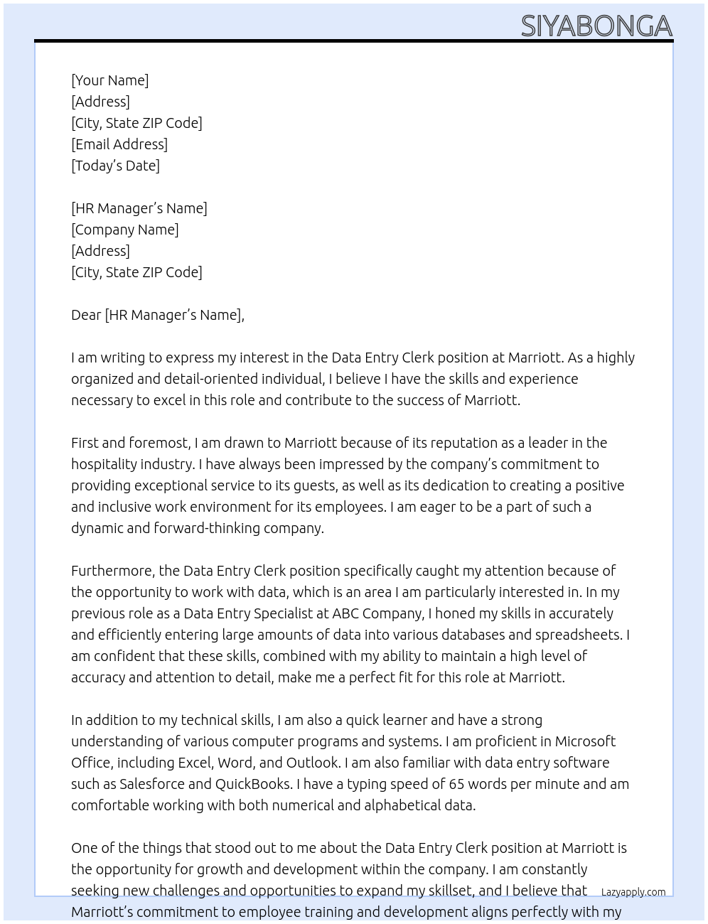 Data Entry Clerk At Marriott Cover Letter