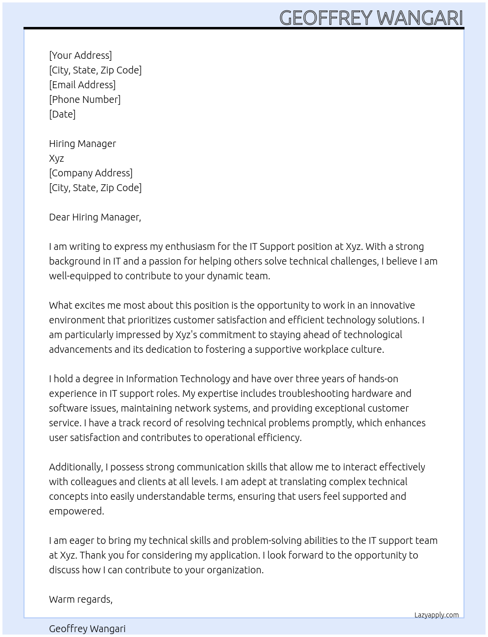 IT support At Xyz Cover Letter