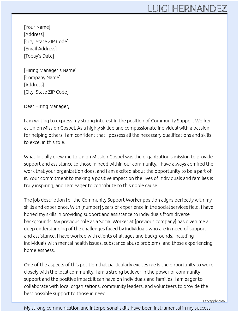 Community Support Worker At Union Mission Gospel Cover Letter