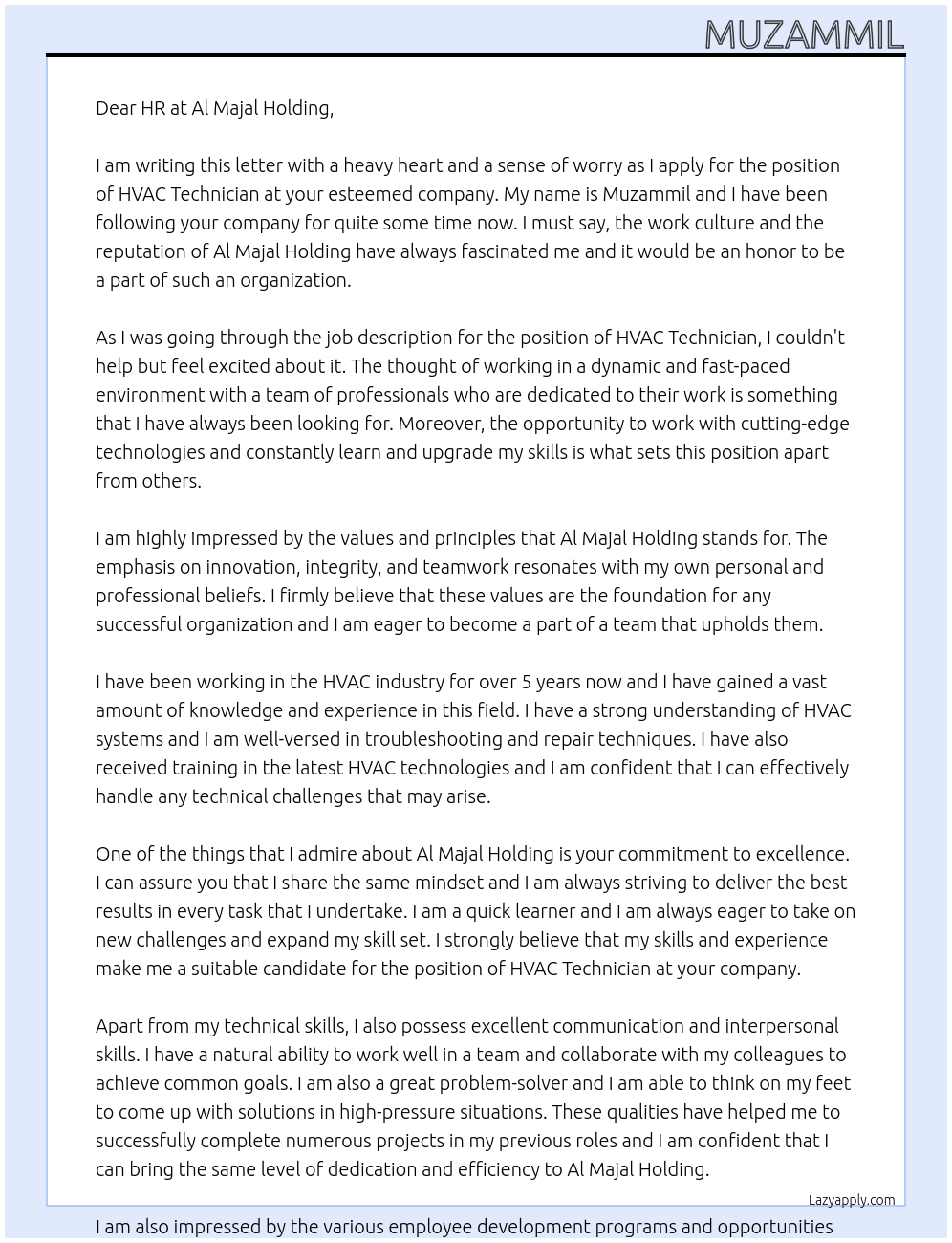 HVAC Technician At Al Majal Holding .com Cover Letter