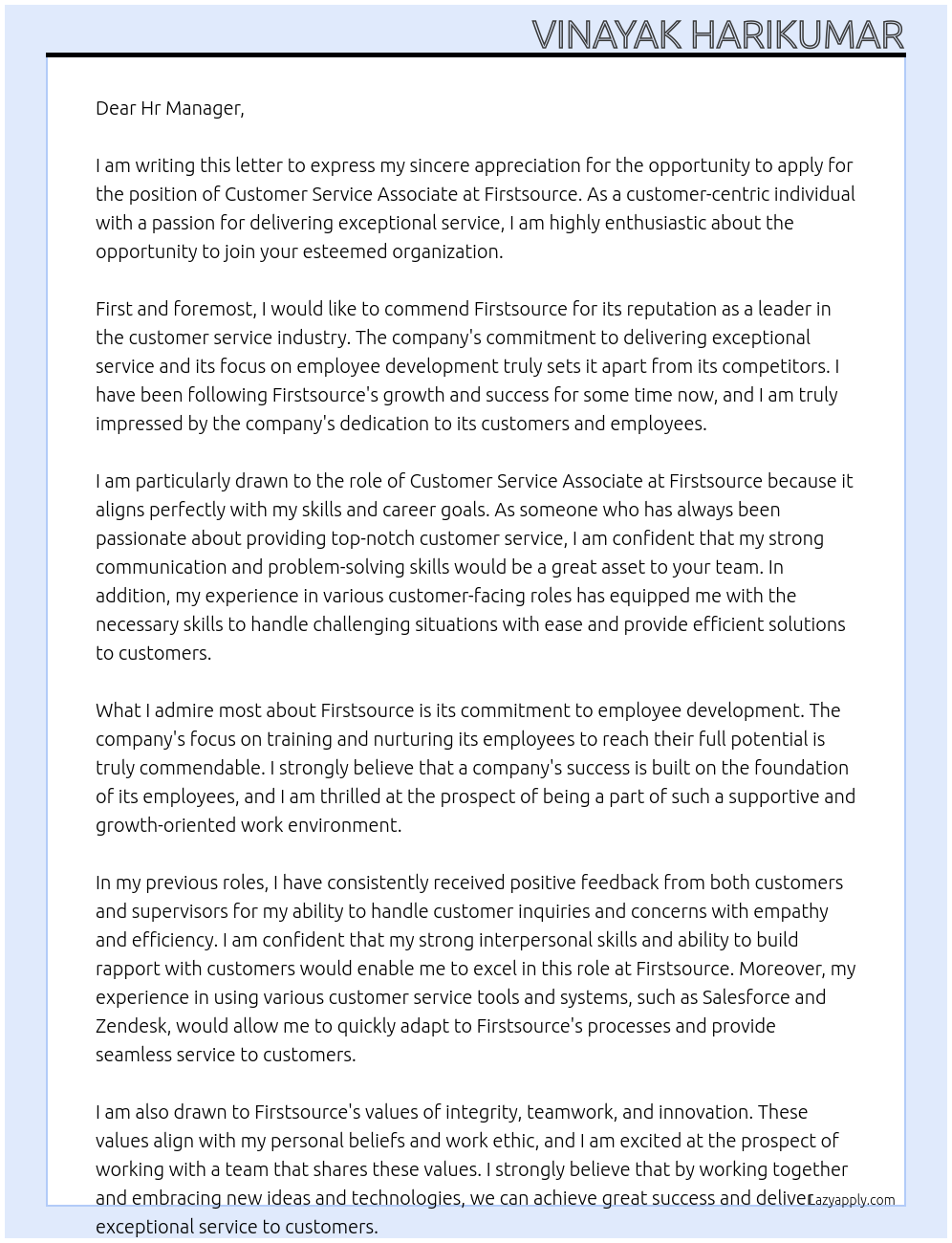 Customer service associate At firstsource Cover Letter