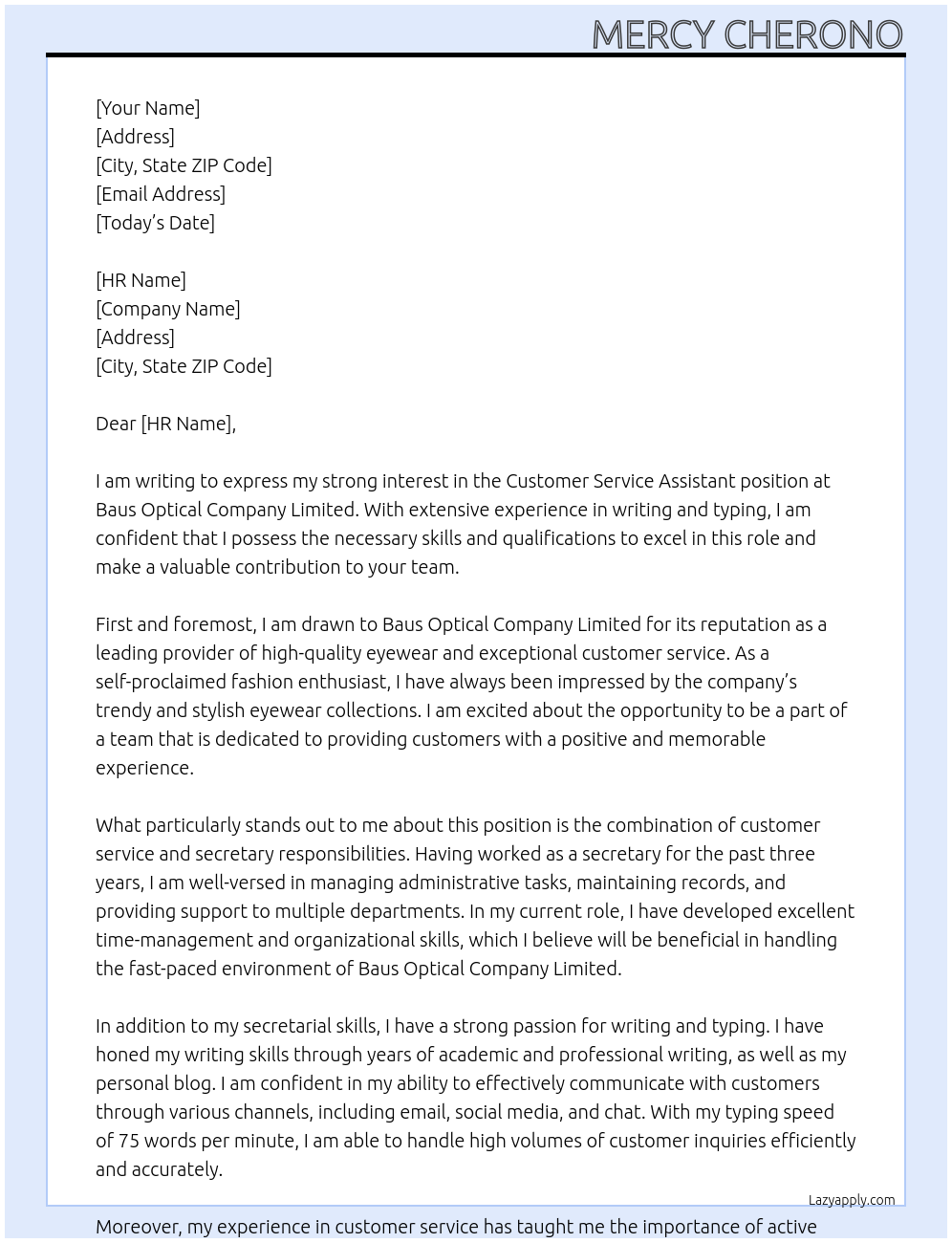 Customer Service Assistant At Baus Optical Company Limited Cover Letter