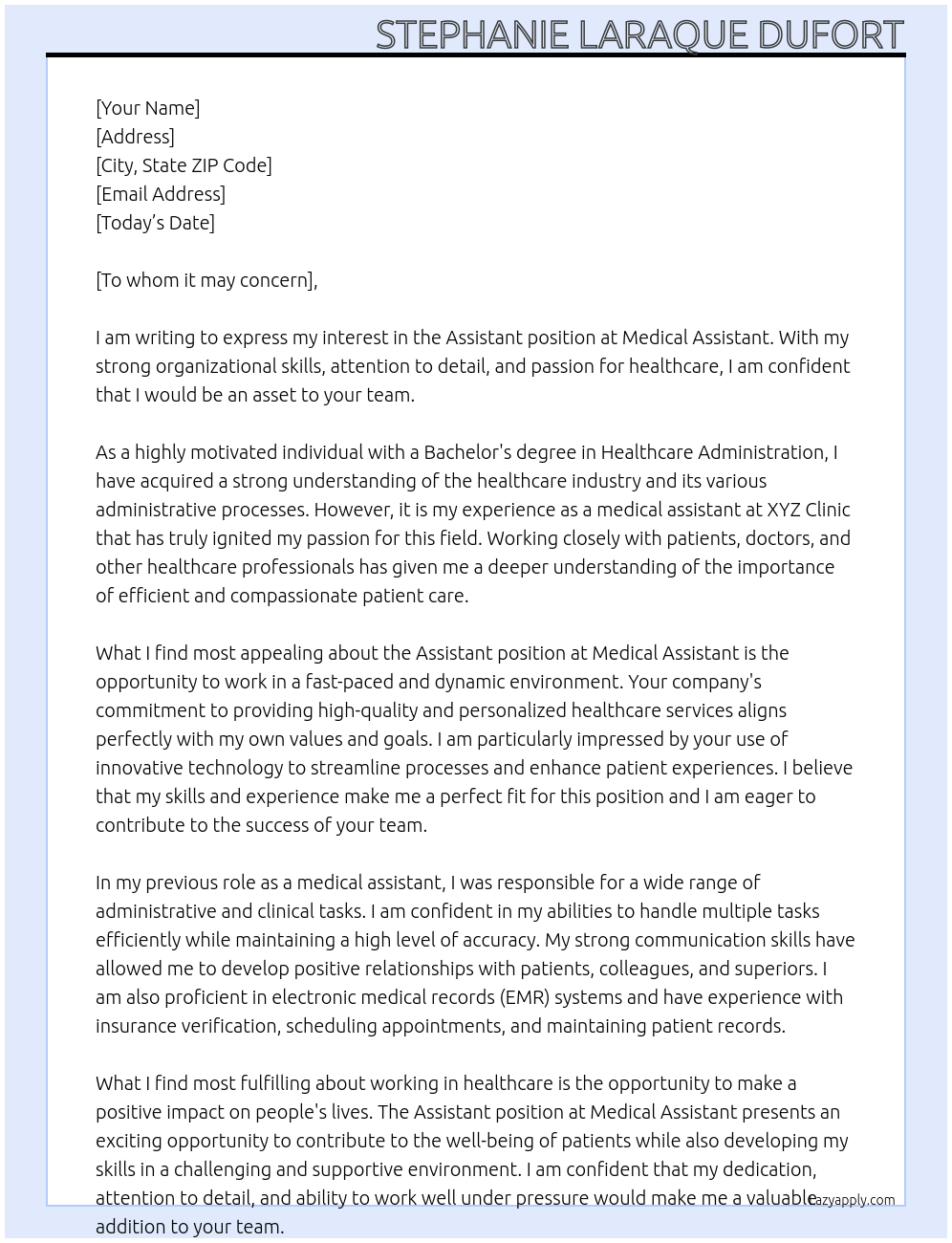Assistant At Medical assistant Cover Letter