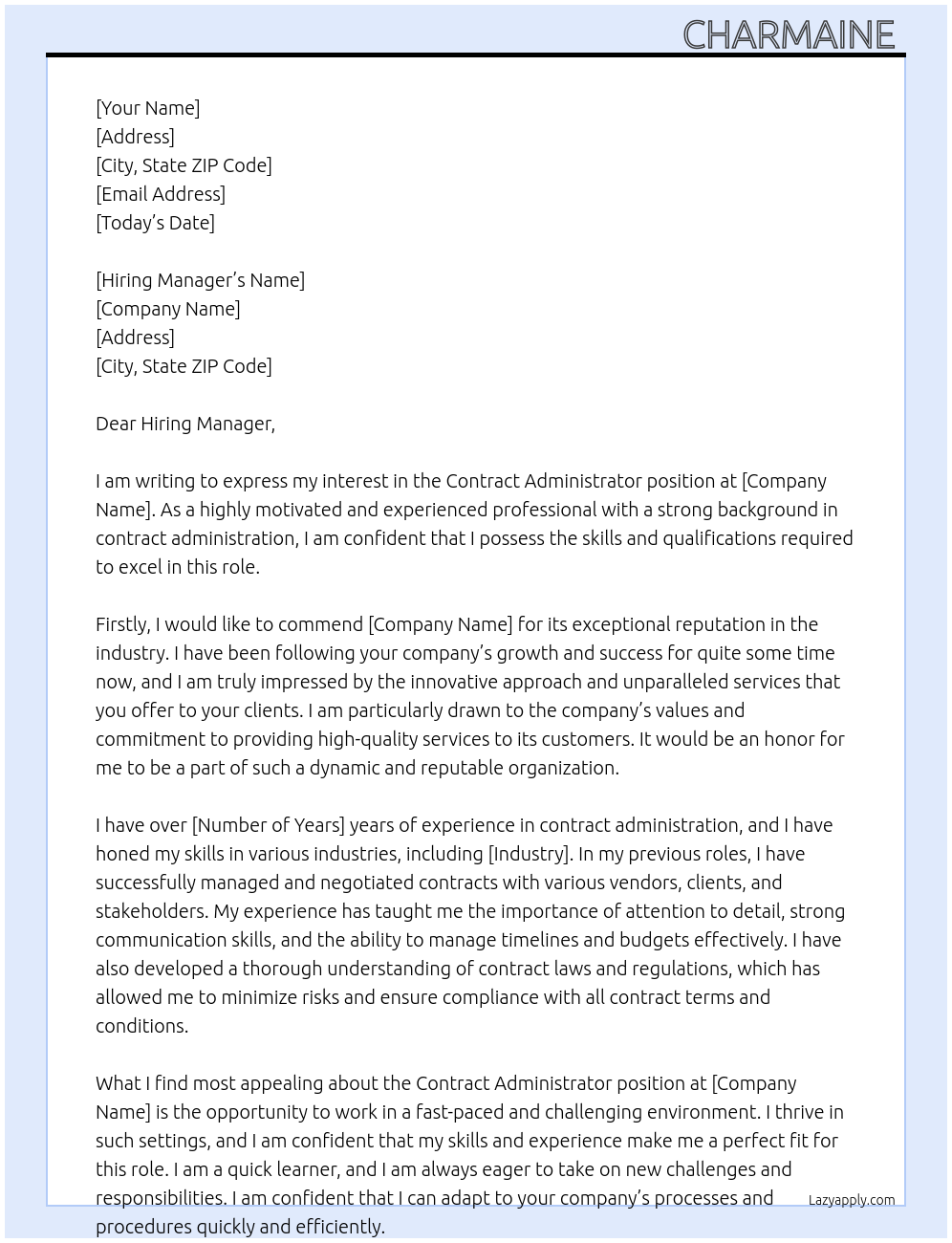 Contract Administrator At S Cover Letter