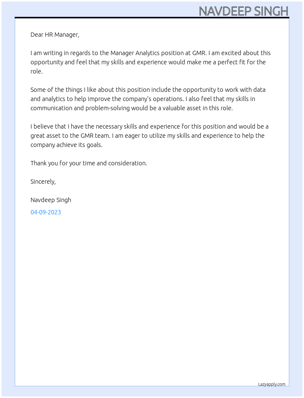 Manager Analytics At GMR Cover Letter