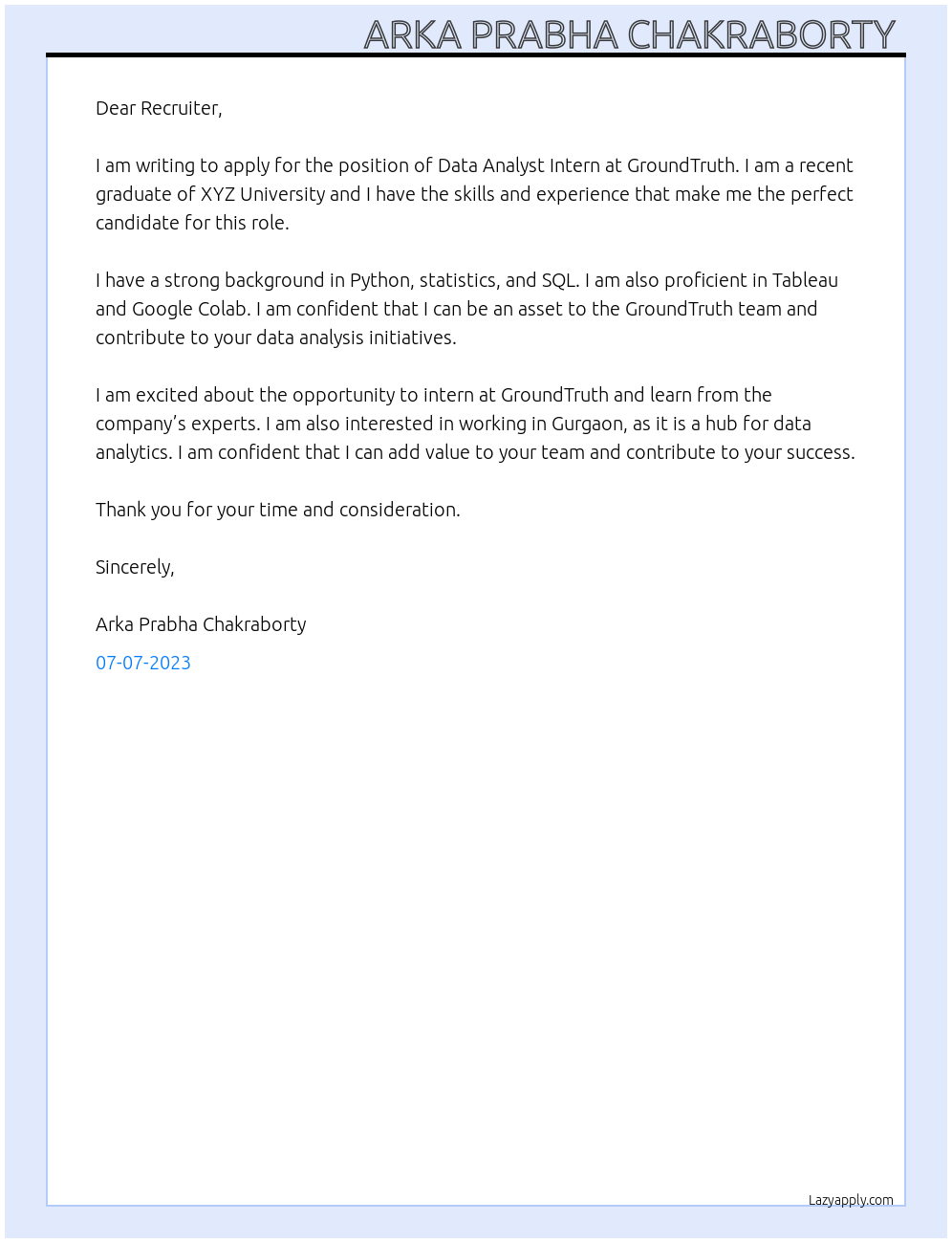 Data analyst intern  At GroundTruth  Cover Letter