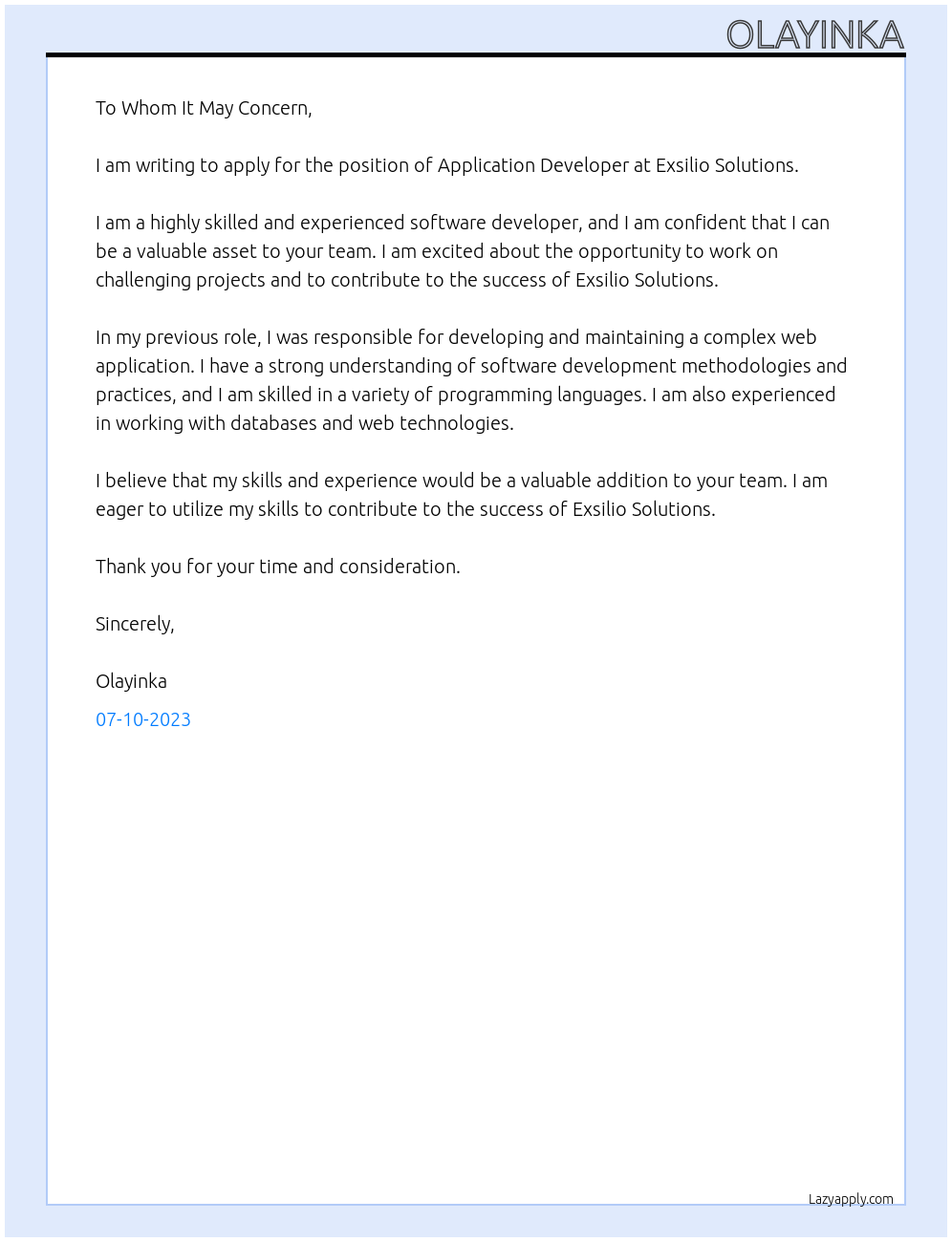 Application Developer At Exsilio Solutions Cover Letter