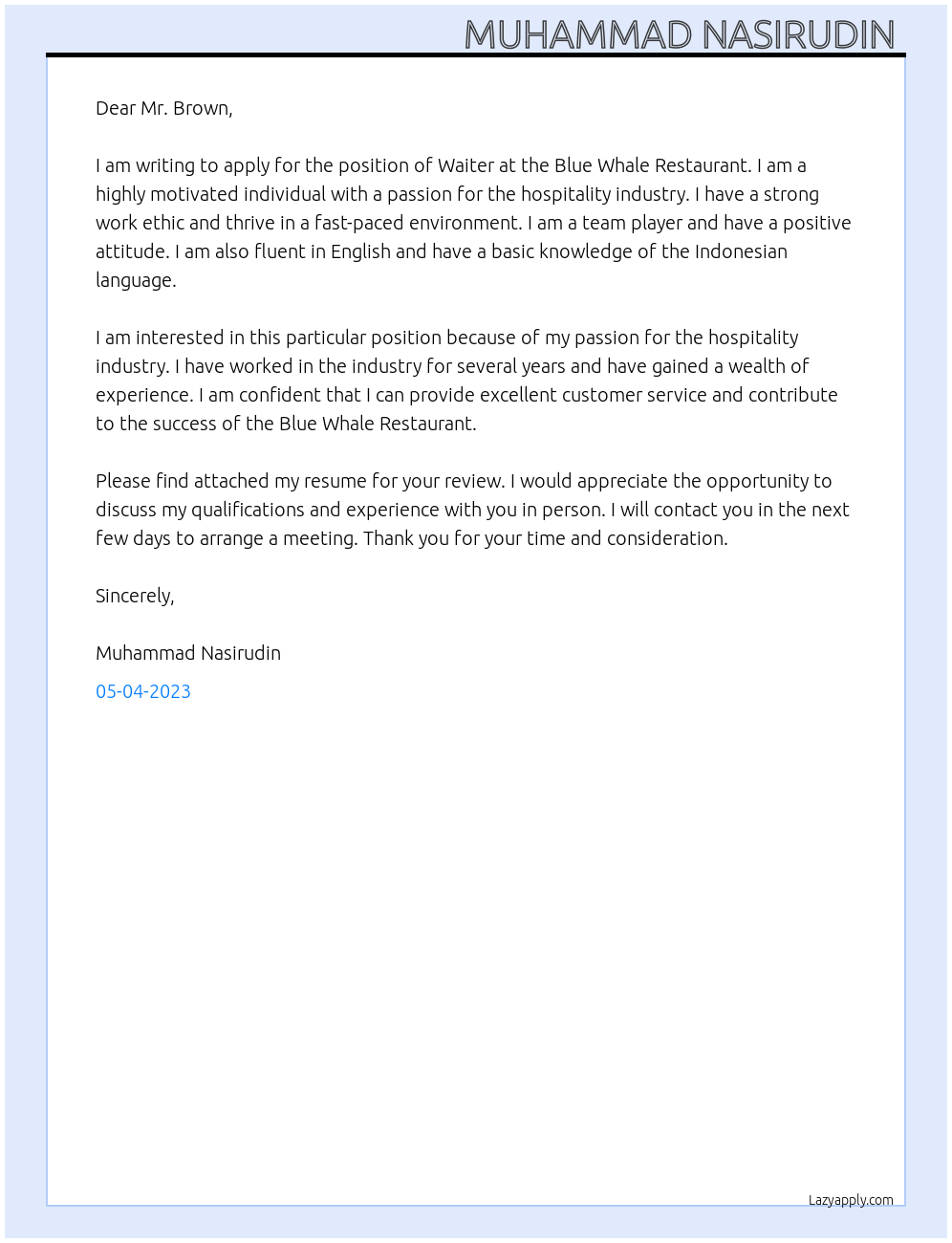 Waiters At the blue whale restaurant Cover Letter