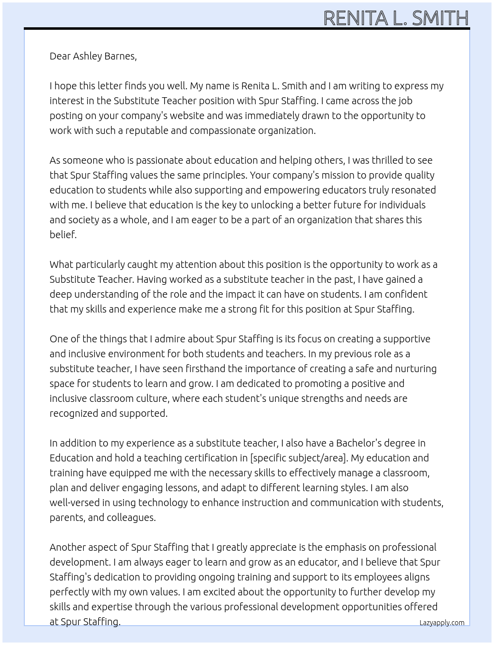 Substitute Teacher At Spur Staffing Cover Letter