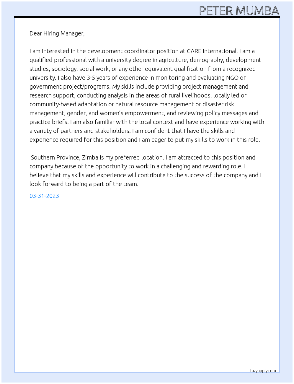 development coordinator At CARE International Cover Letter