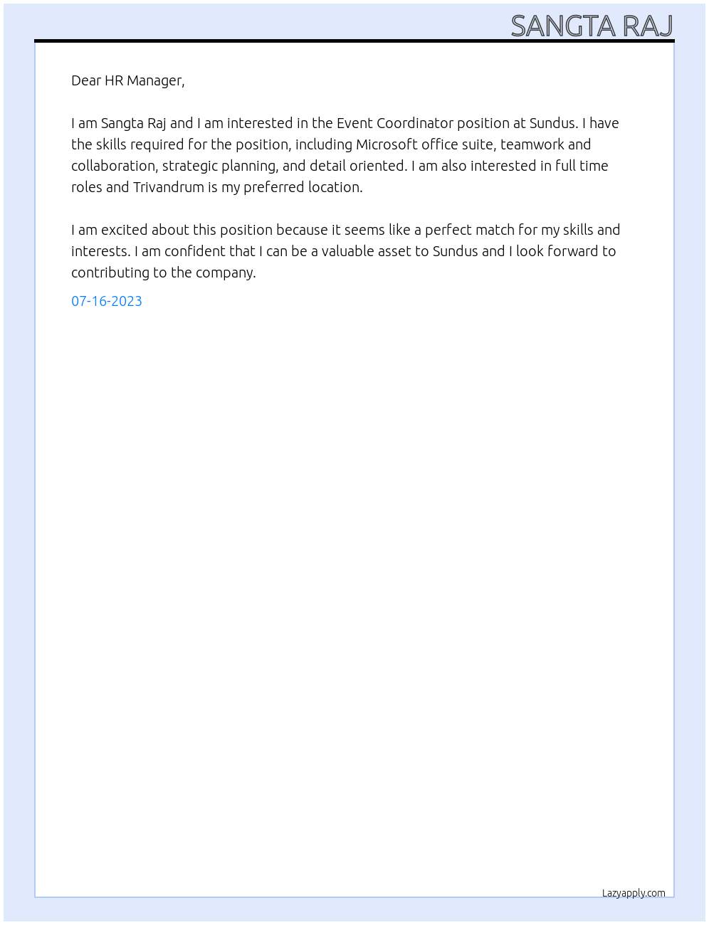 Event Coordinator At Sundus Cover Letter