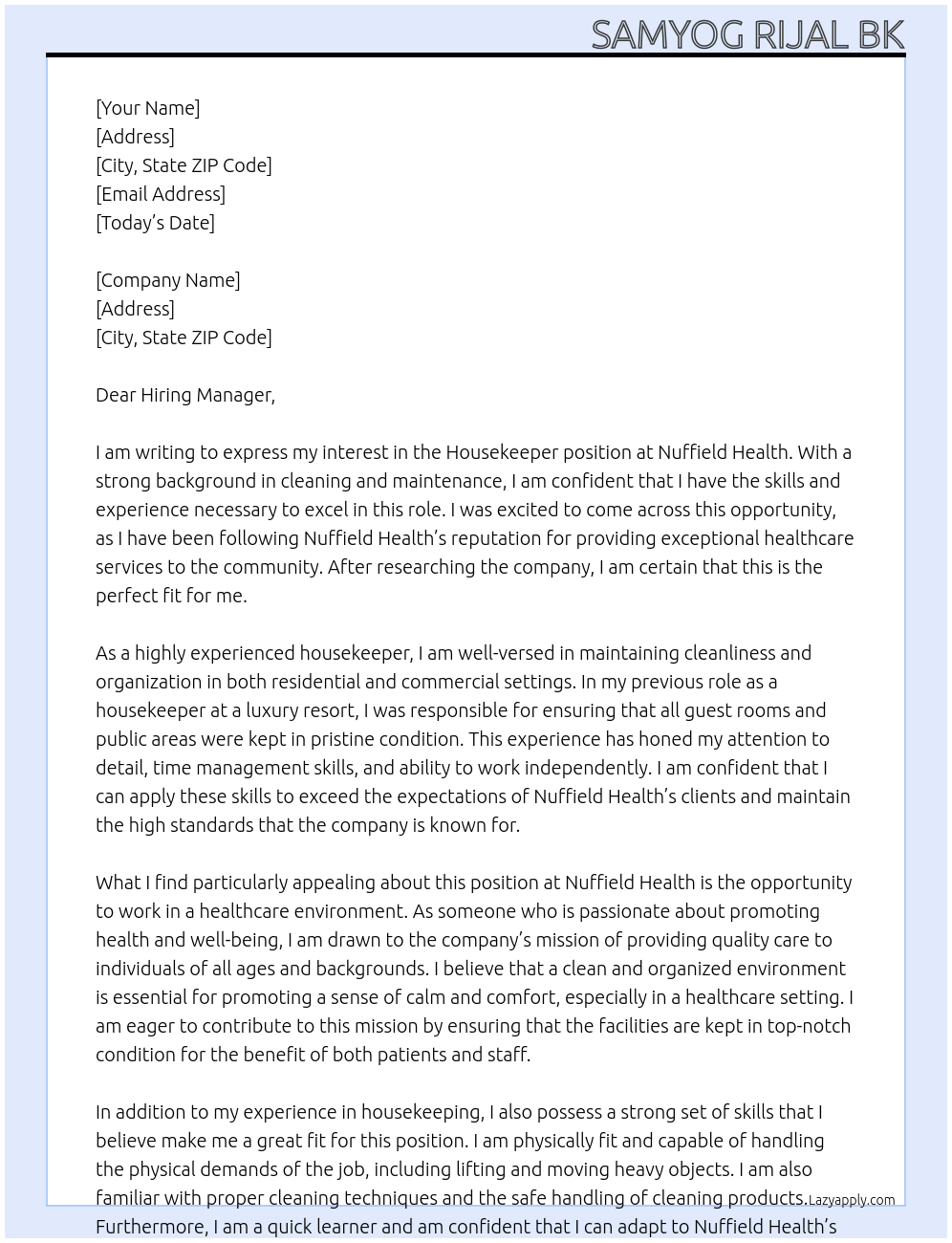 Housekeeper At Nuffield Health Cover Letter