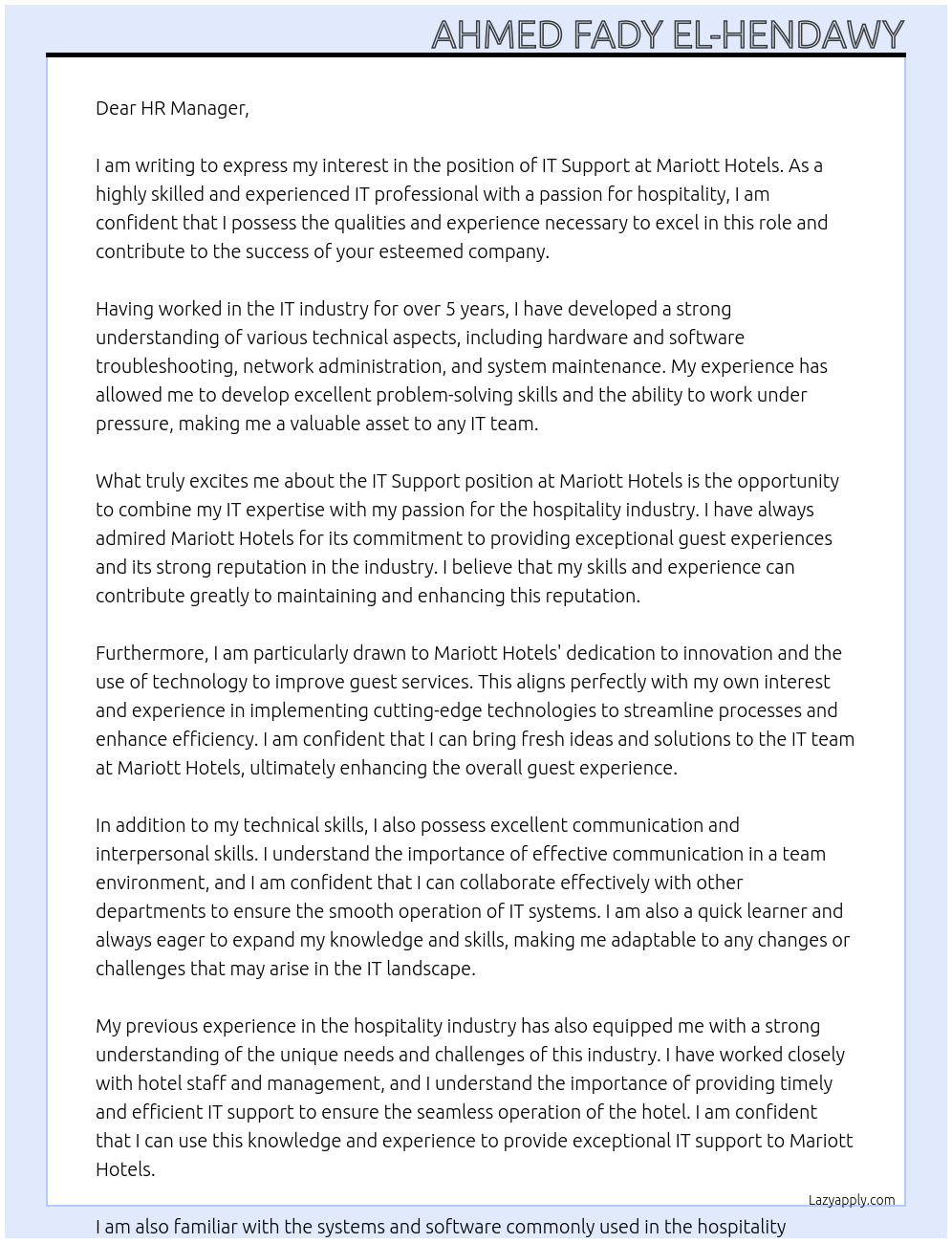 IT Support At Mariott Hotels Cover Letter