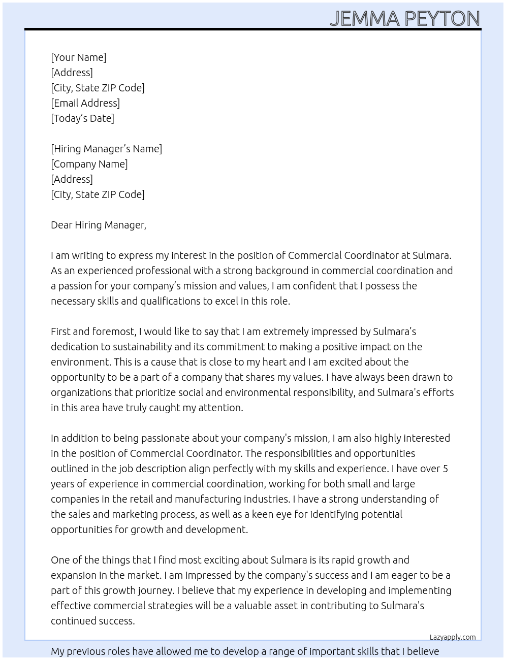 Commercial Coordinator At Sulmara Cover Letter