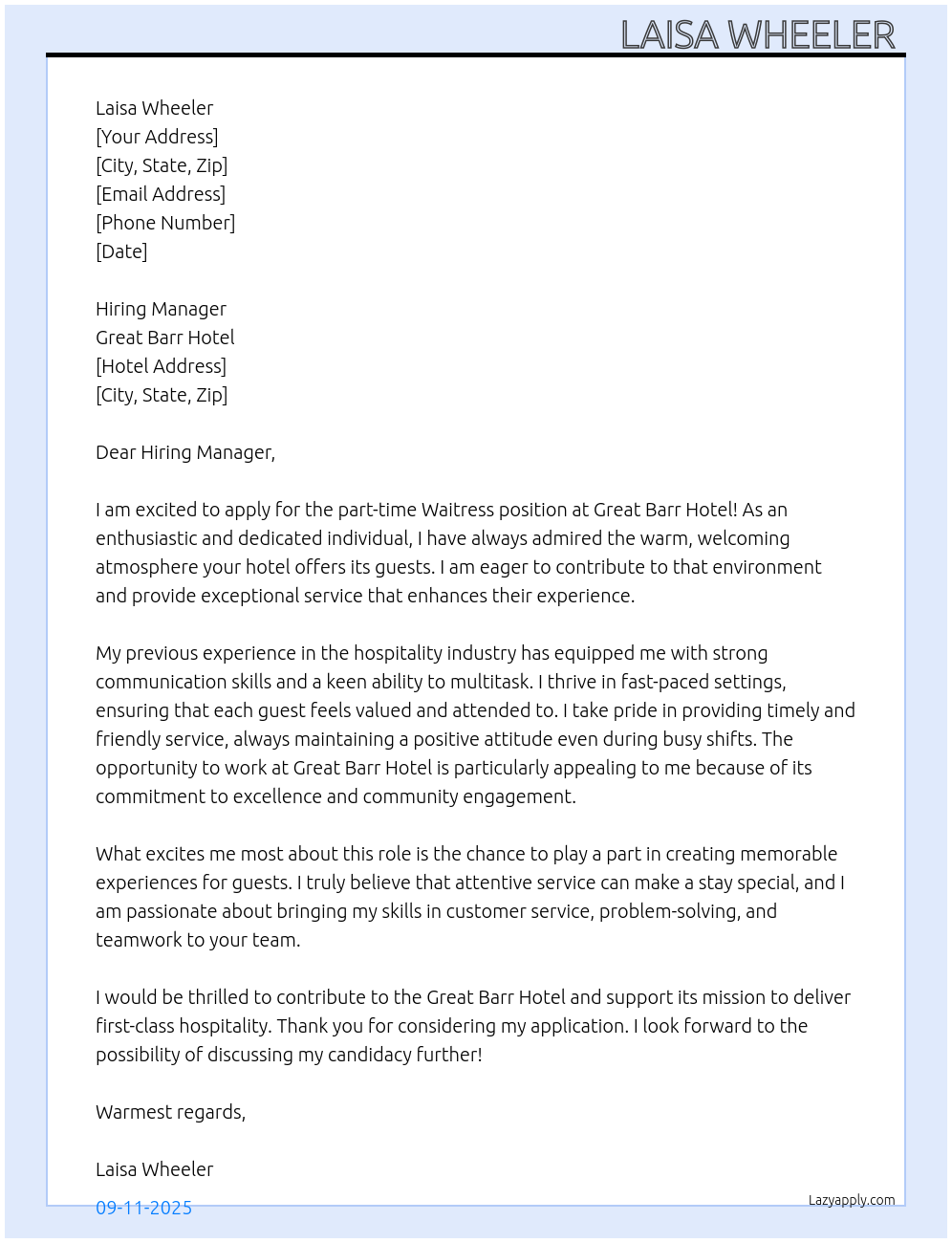 Waitress At Great Barr Hotel Cover Letter