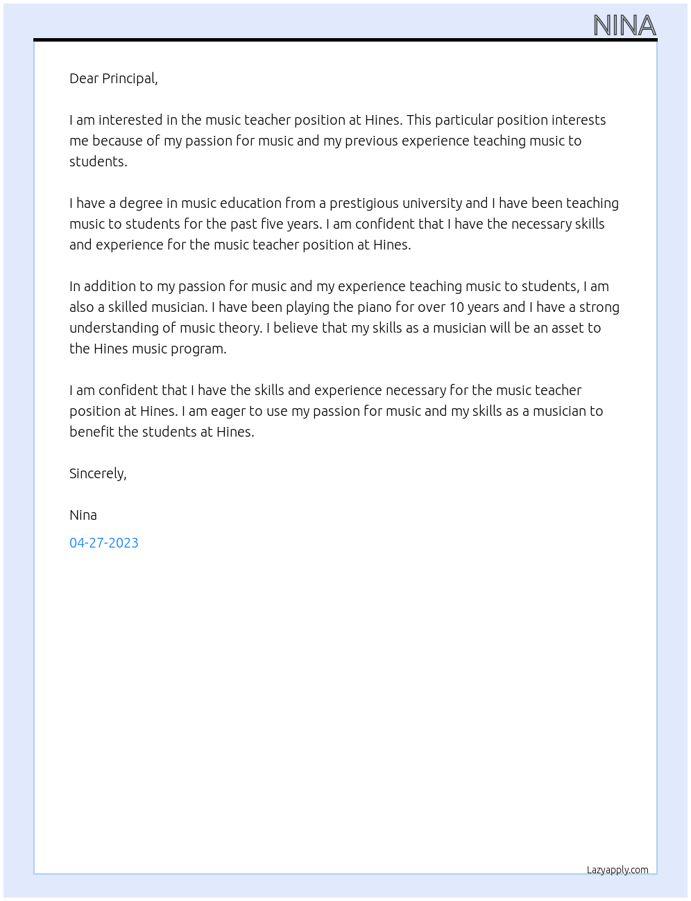 music teacher At Hines Cover Letter