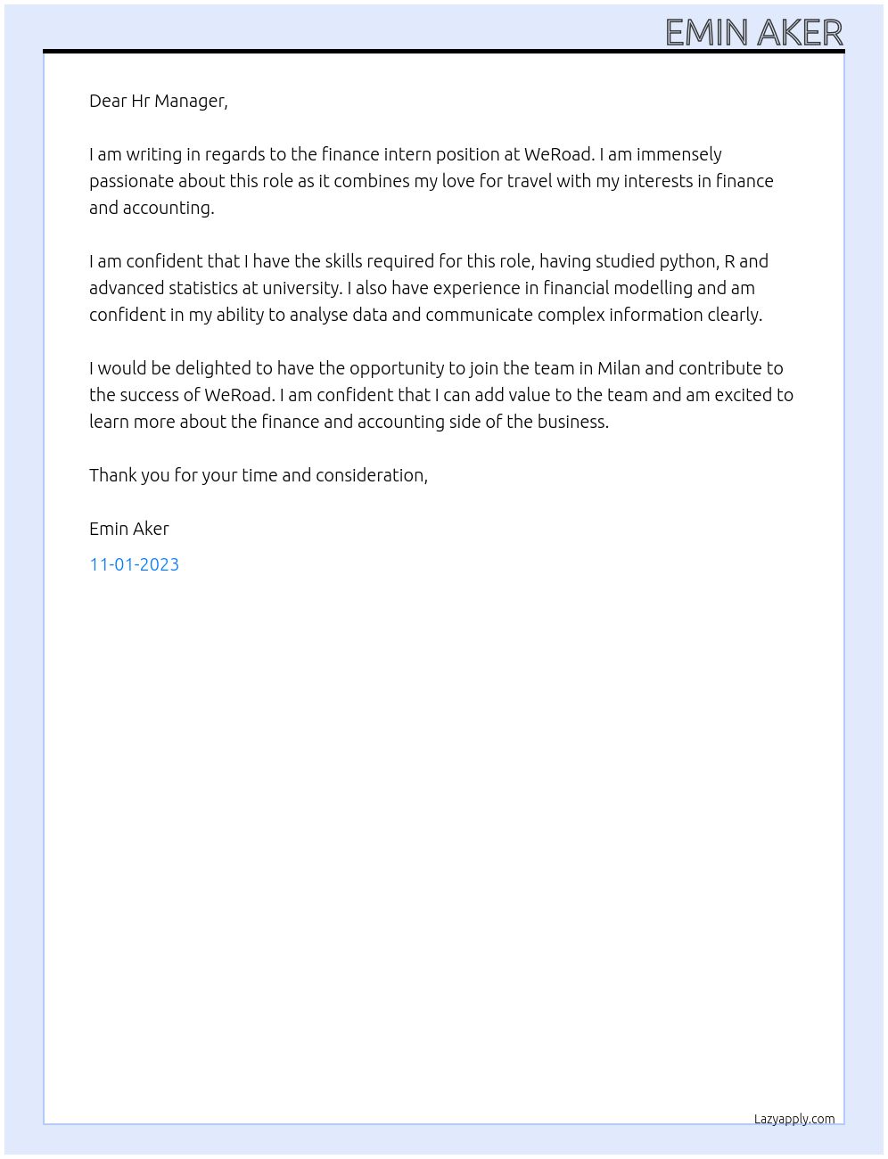 finance intern At WeRoad Cover Letter