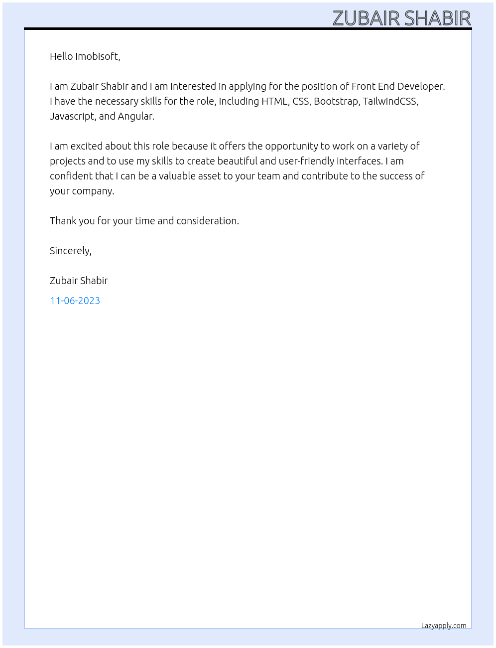Front End Developer At Imobisoft Cover Letter