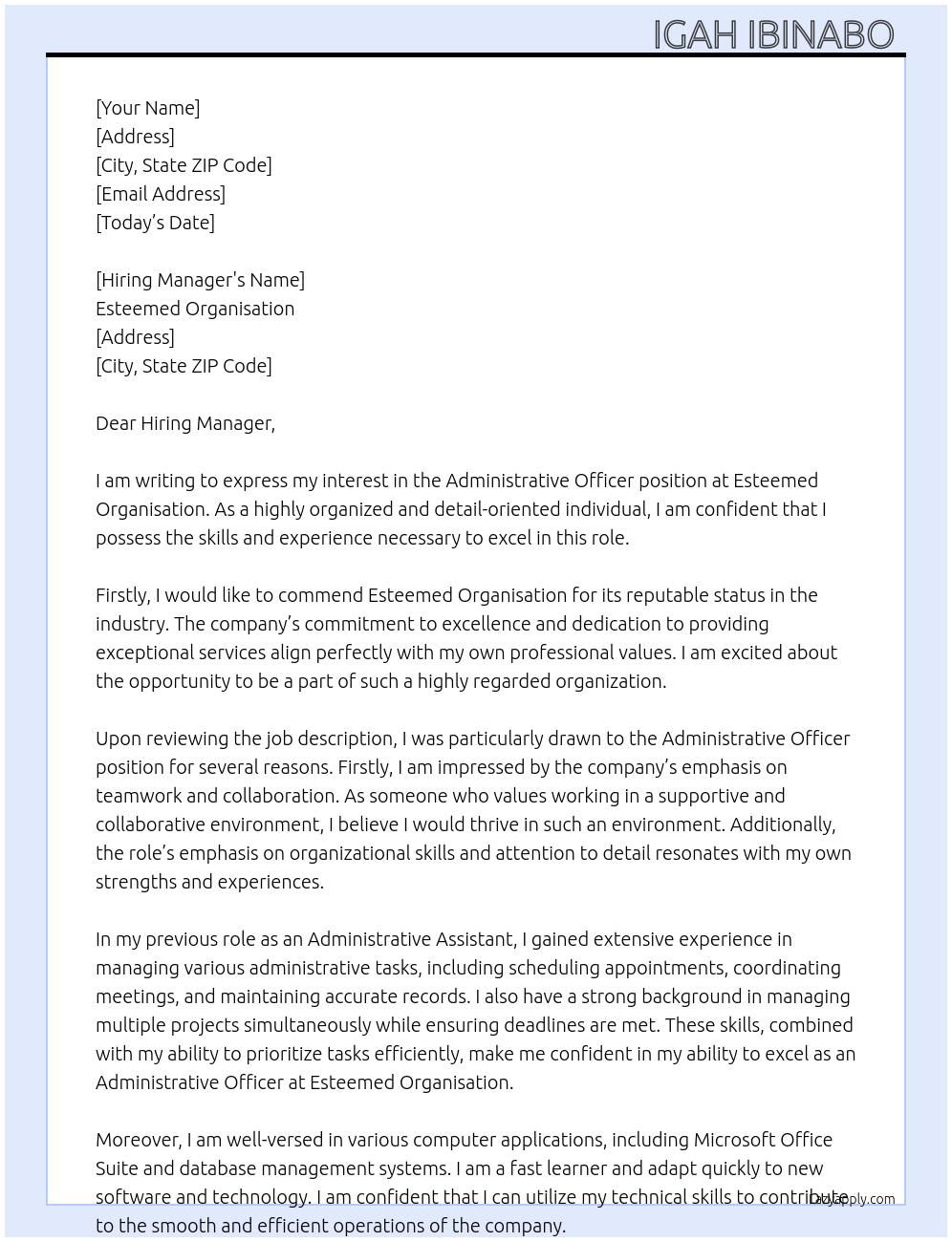 Administrative officer At Esteemed organisation Cover Letter