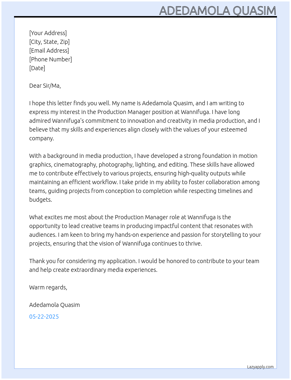 Production Manager At Wannifuga Cover Letter