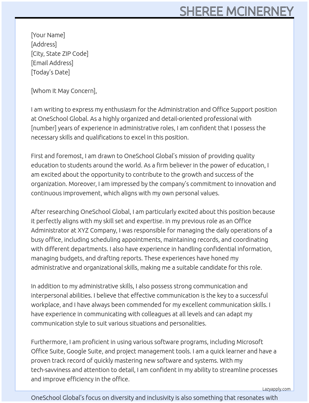 Administration and Office Support At OneSchool Global Cover Letter