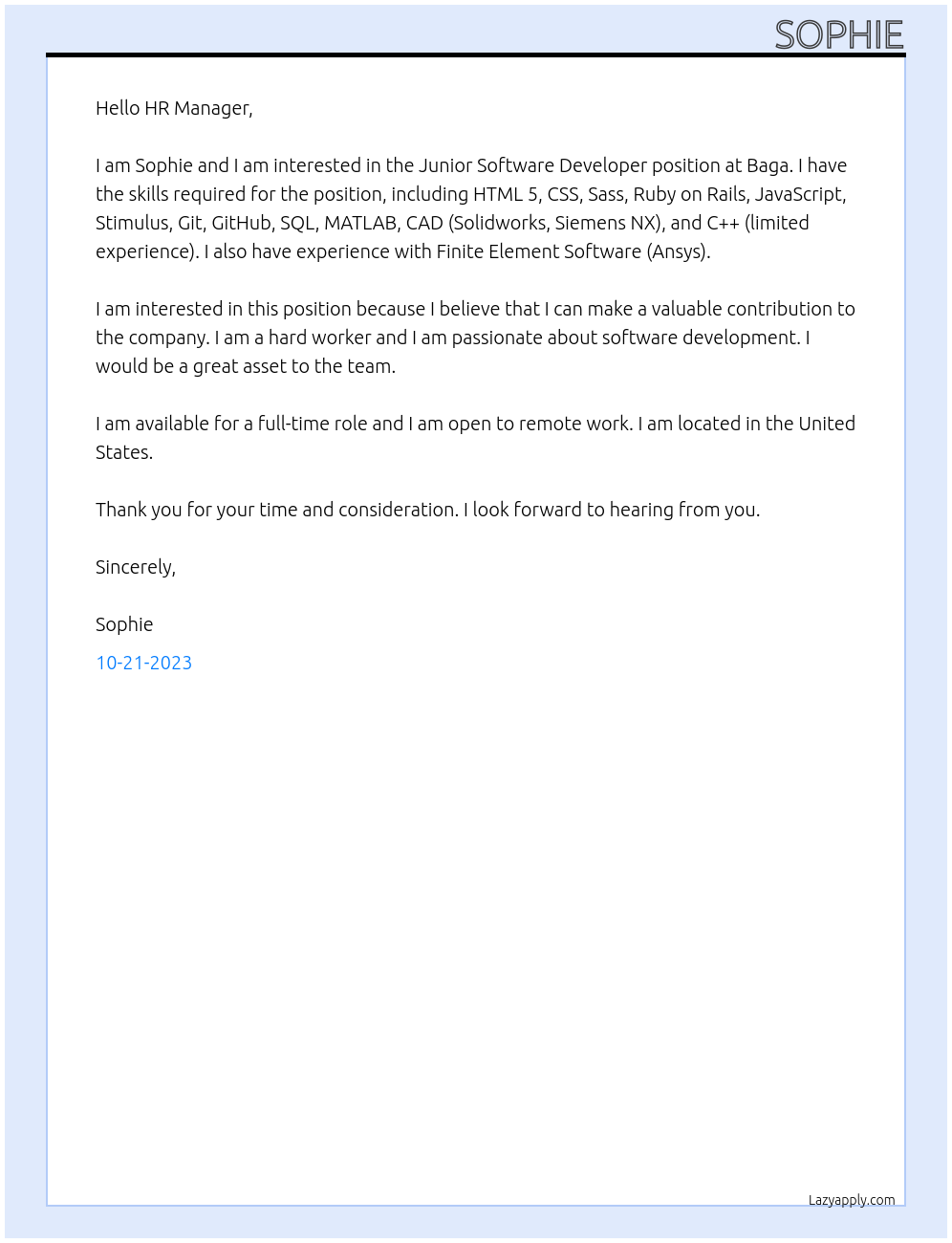 Junior Software Developer At Baga Cover Letter