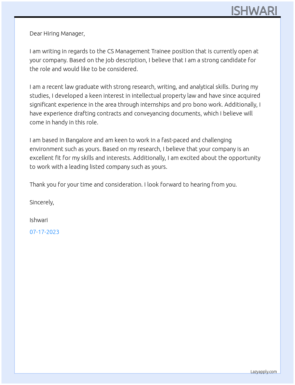 CS Management Trainee At Listed Company Cover Letter
