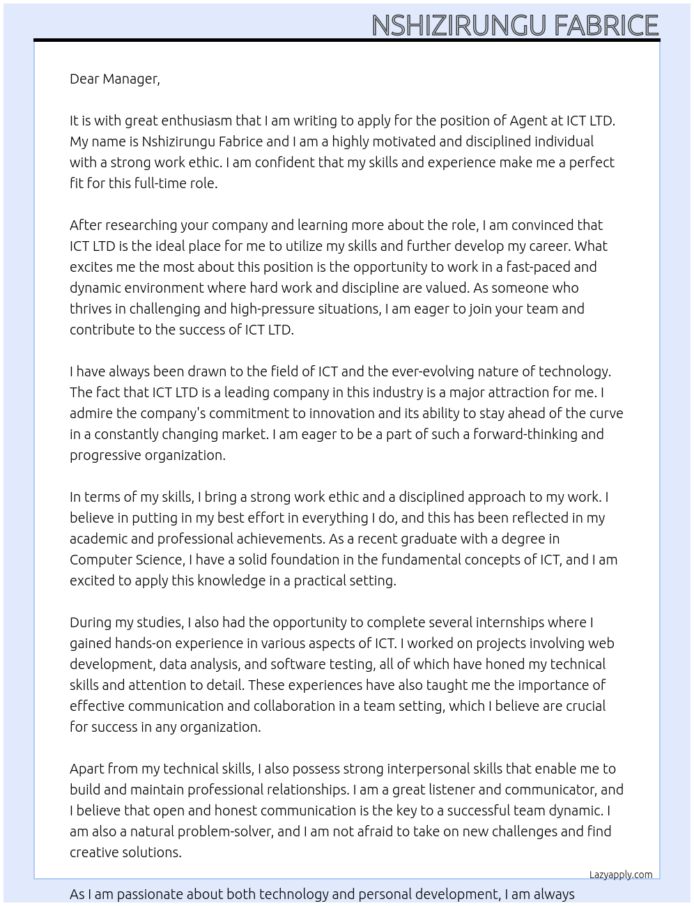 Agent At ICT LTD Cover Letter