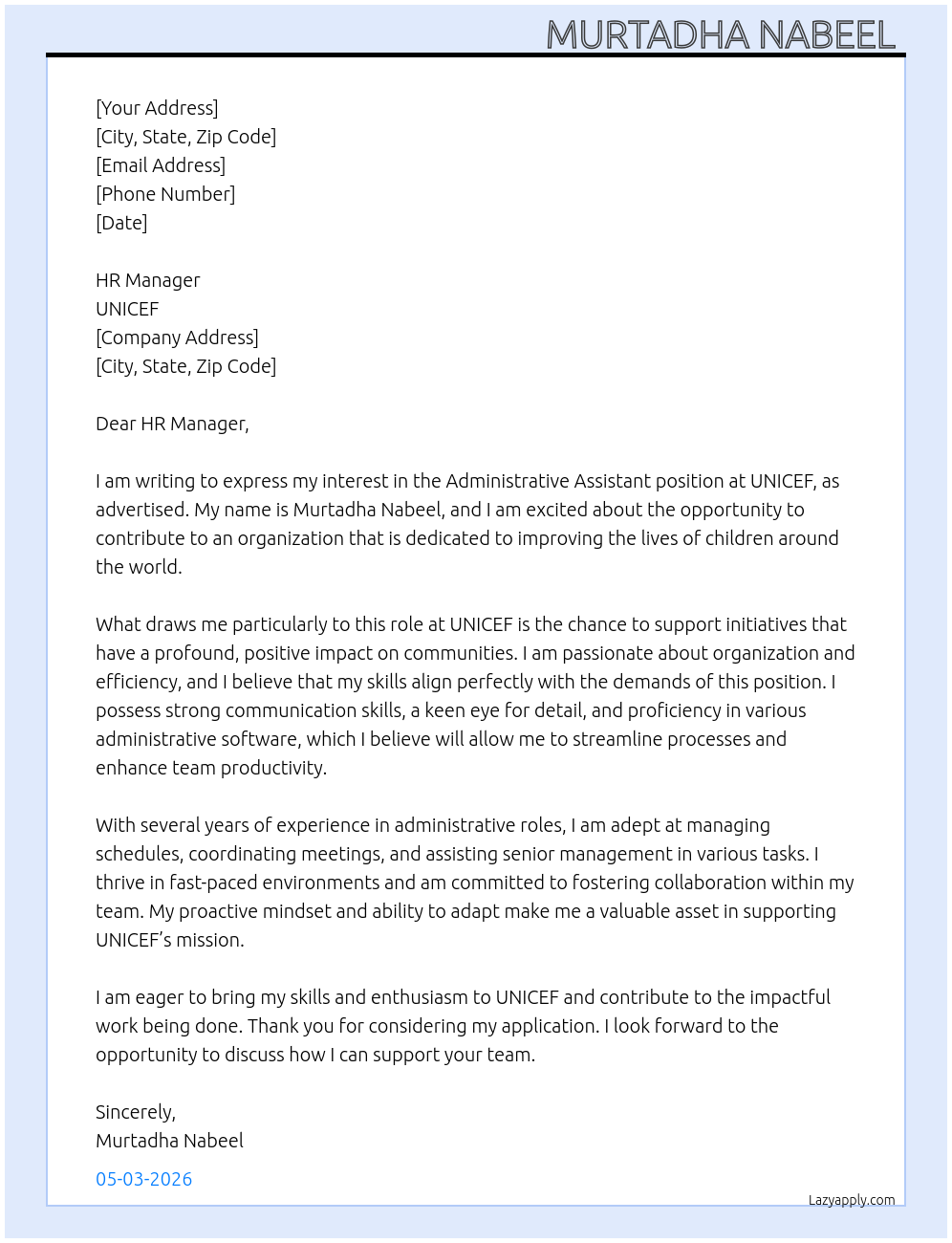 Administrative Assistant At UNICEF Cover Letter